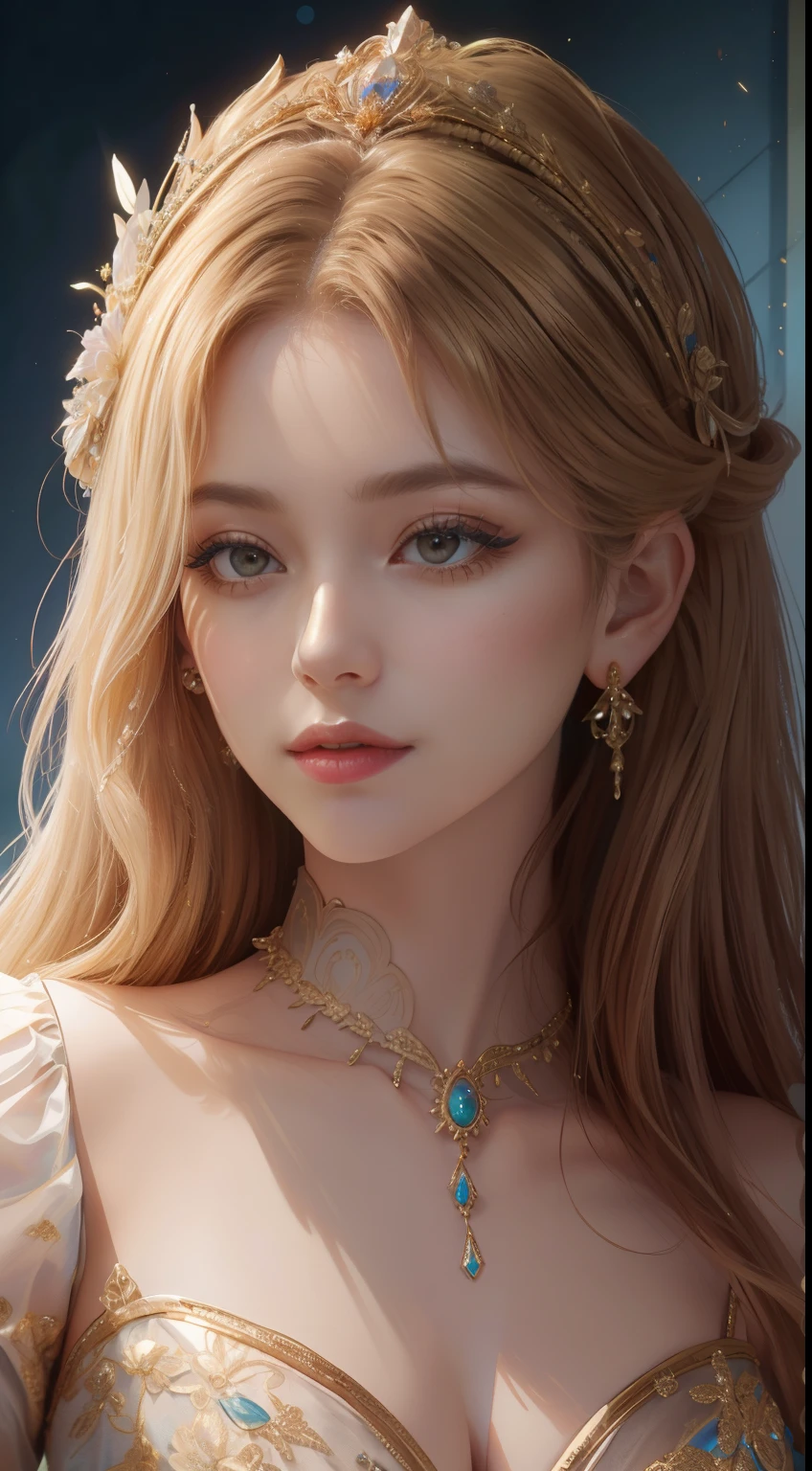 tmasterpiece,Highest image quality,Beautiful bust of a royal lady,Delicate golden hair style,Embellished with brilliant and intricate floral jewelry,super detailing,upscaled。