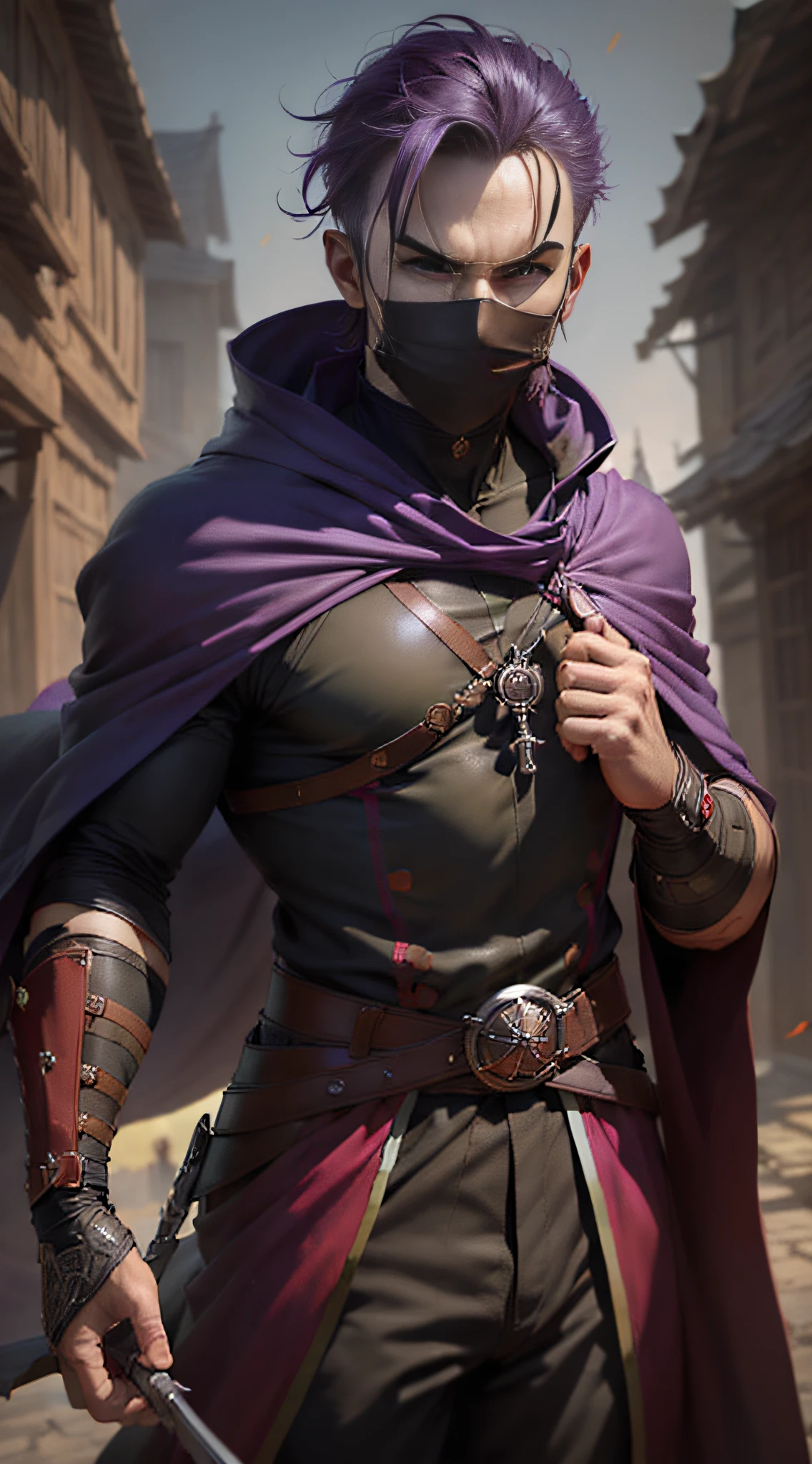 (((masutepiece, Best Quality, ultra-detailed))), (Male talented assassin, solo, stand, neutral pose, Unapproachable vibe, expressionless, Serious, Perfect fingers, Perfect hands, Looking down to Viewer), 35 years old, (Medieval assassin costume, long assassin cloak, mouth mask, back hand), medieval back alley as background, Purple hair, Very short hair, Male face, villain's face, Forehead, male eyebrows, Male Eyes, sharp nose, adam's apple, (red sharp eyes), Red pupils glowing,