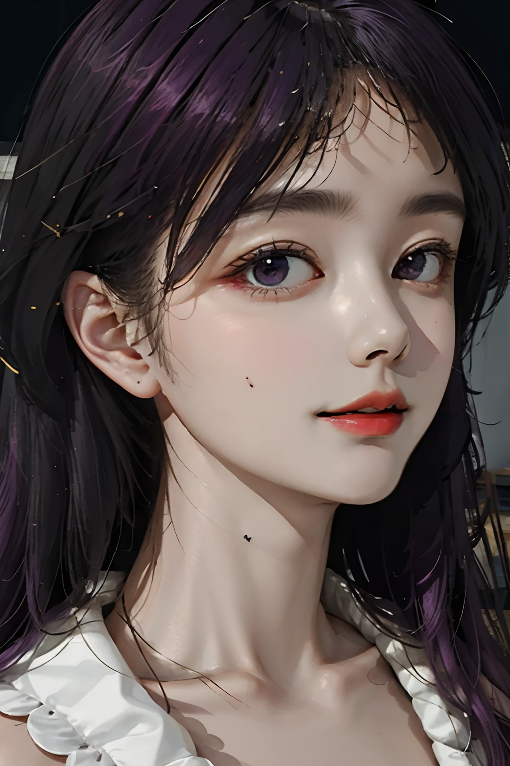 PerfectNwsjMajic,(masterpiece, top quality, best quality, official art, beautiful and aesthetic:1.2), (1girl), extreme detailed,colorful,highest detailed, official art, unity 8k wallpaper, ultra detailed, beautiful and aesthetic, beautiful, masterpiece, best quality, (zentangle, mandala, tangle, entangle) ,holy light,gold foil,gold leaf art,glitter drawing, an angle female, long and curly bright purple hair angelic face and large purple eyes and plump red lips.snow white skin and charming figure in a white dress, long slender fingers and purple painted nails small moles under the eyes
