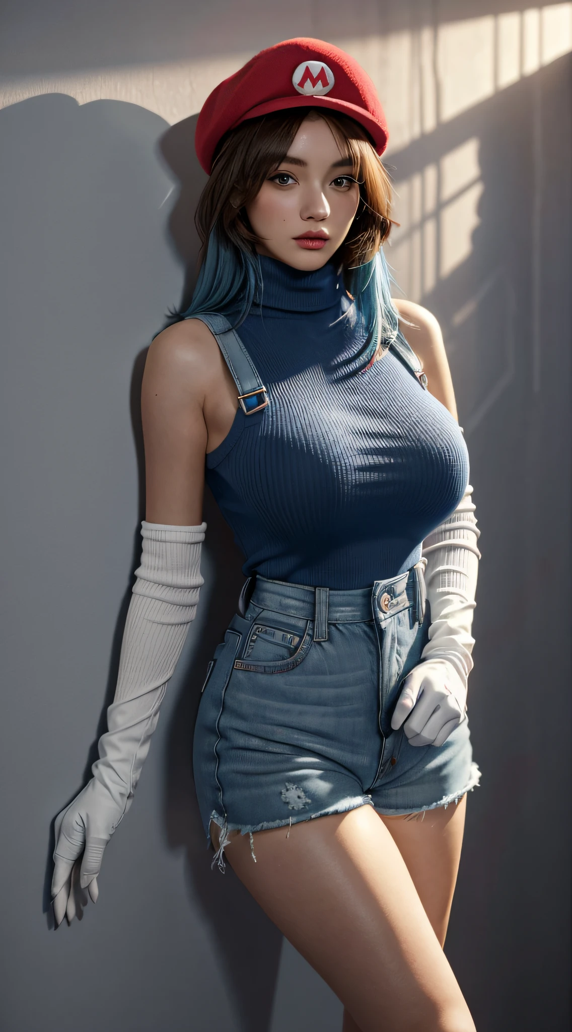 color_hair, blue_hair, brown_hair,, crazy detail, intricate detail, hyperdetail, ultra-detail, extreme detail, supreme detail, high_detail, colorful, beautiful, HDR, realistic, high resolution, ultra_high_res, photography, aesthetics, extremely_delicate,,(1girl,,makeup,blush,tall, Big breasts: 1.5, Thick legs: 1.6), ((Mario red hat)), ((Red turtleneck off-the-shoulders: 1.8)), ((Blue leather strap ultra shorts, Suspenders: 1.5)), (White gloves), (Detailed leather texture: 1.8))), Leaning against the wall, shadow projected on the wall, (White light and shadow room), Studio lighting, detailed picture details, (Masterpiece: 1.3), (best_quality:1.3), (ultra_ detailed:1.3), 8K, extremely_clear, realism, (surreal:1.3),