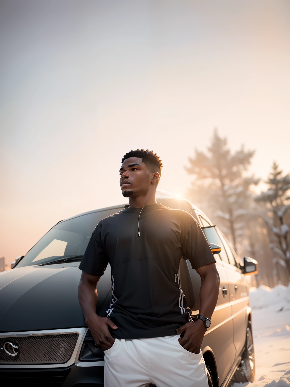 a black 19 years old man in meditation in winter wearing t-shirt and short