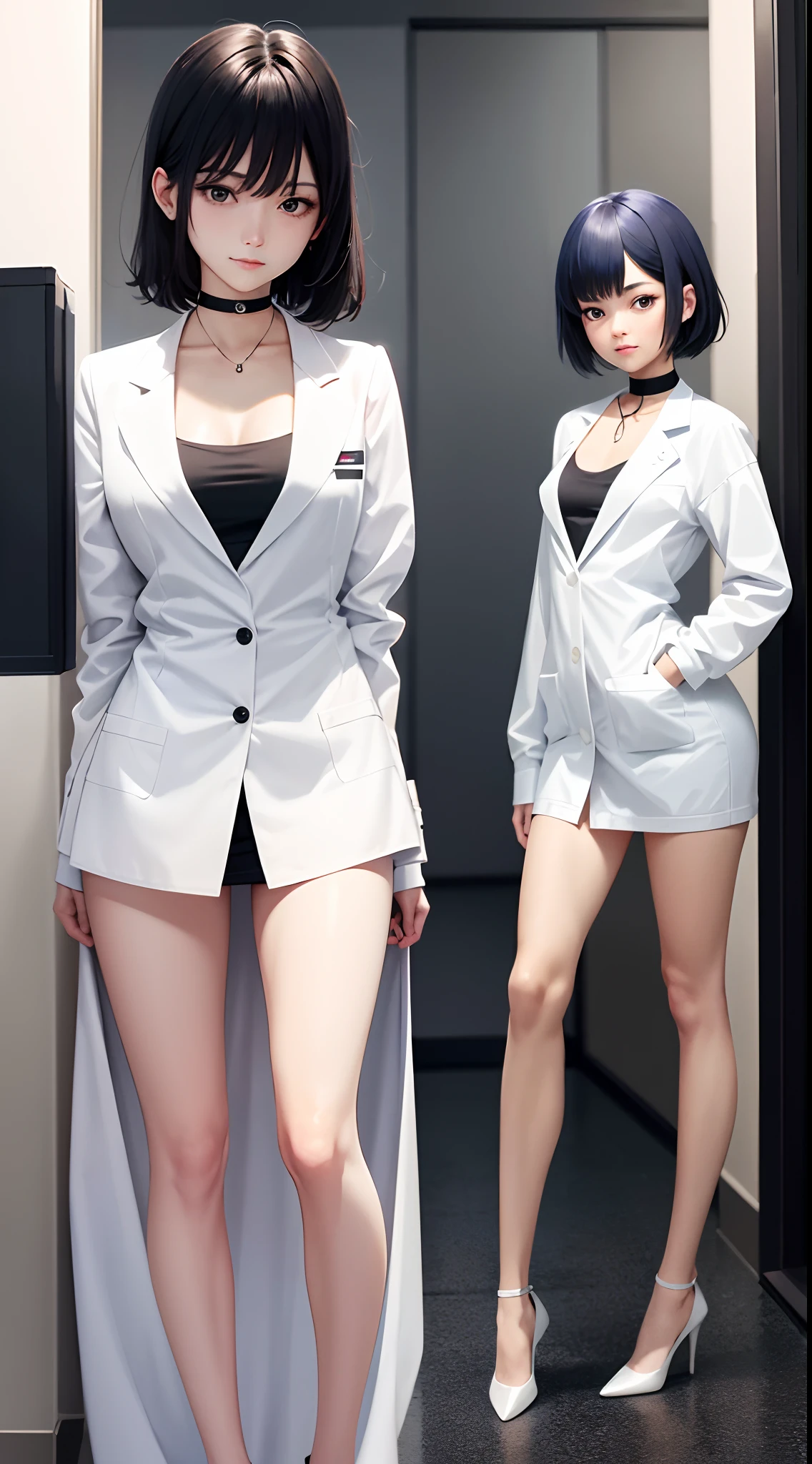 tmasterpiece， Hot lens， （（best qualtiy））， absurderes， Perfect anatomy， Tae Takemi， （Small smile）， choker necklace， choker necklace， choker necklace， shift dresses， （：1.3）， no-bra， well-defined abdomen， labcoat， standing on your feet， Doctor's office background， sexyposture，（cleavage）