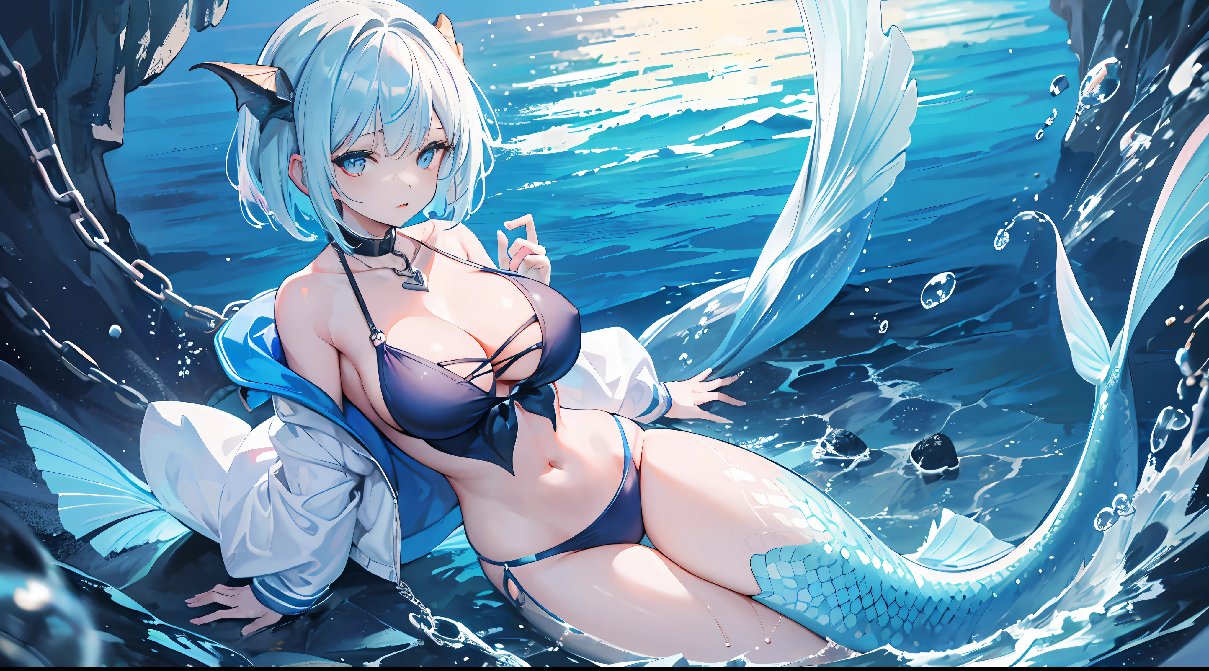 (1girl:1.21), mermaid, bob cut, cleavage, (chains:1.1), huge breasts, heart pasties, metal collar, tongue, fang, (in the sea:1.1), (the tail of a fish:1.1), in the water, swimming uniform, long whitr hair, flowy, airbubble, Hasselblad, 135mm, f/4.0, ray tracing, cinematic lighting, drop shadow, backlighting, ccurate, textured skin, anatomically correct, super detail, high details, high quality, 4K