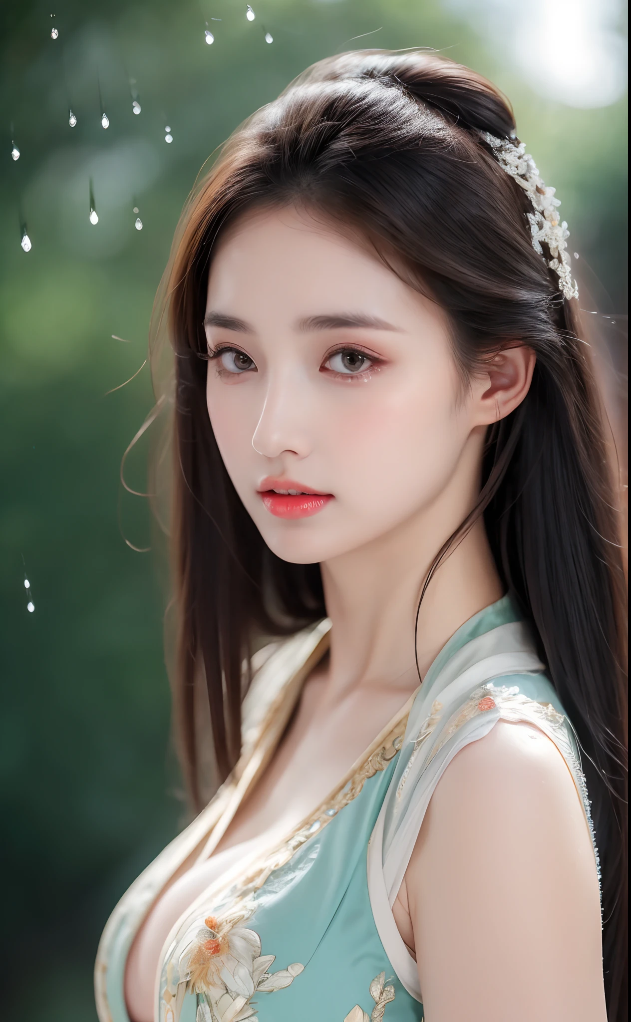 ((Best Quality, 8k, Masterpiece: 1.3)), Focus: 1.2, Perfect Body Beauty: 1.4, Buttocks: 1.2, ((Layered Haircut)), (Wet Clothes: 1.1), (Rain, Street:1.3), (Breasts: 1.2), (Hanfu: 1.2), Bare Shoulders, Bare Legs, Highly Detailed Face and Skin Texture, Fine Eyes, Double Eyelids, Whitened Skin, Long Hair, (Shut Up: 1.5), (Bokeh Background: 1.5), Big Breasts