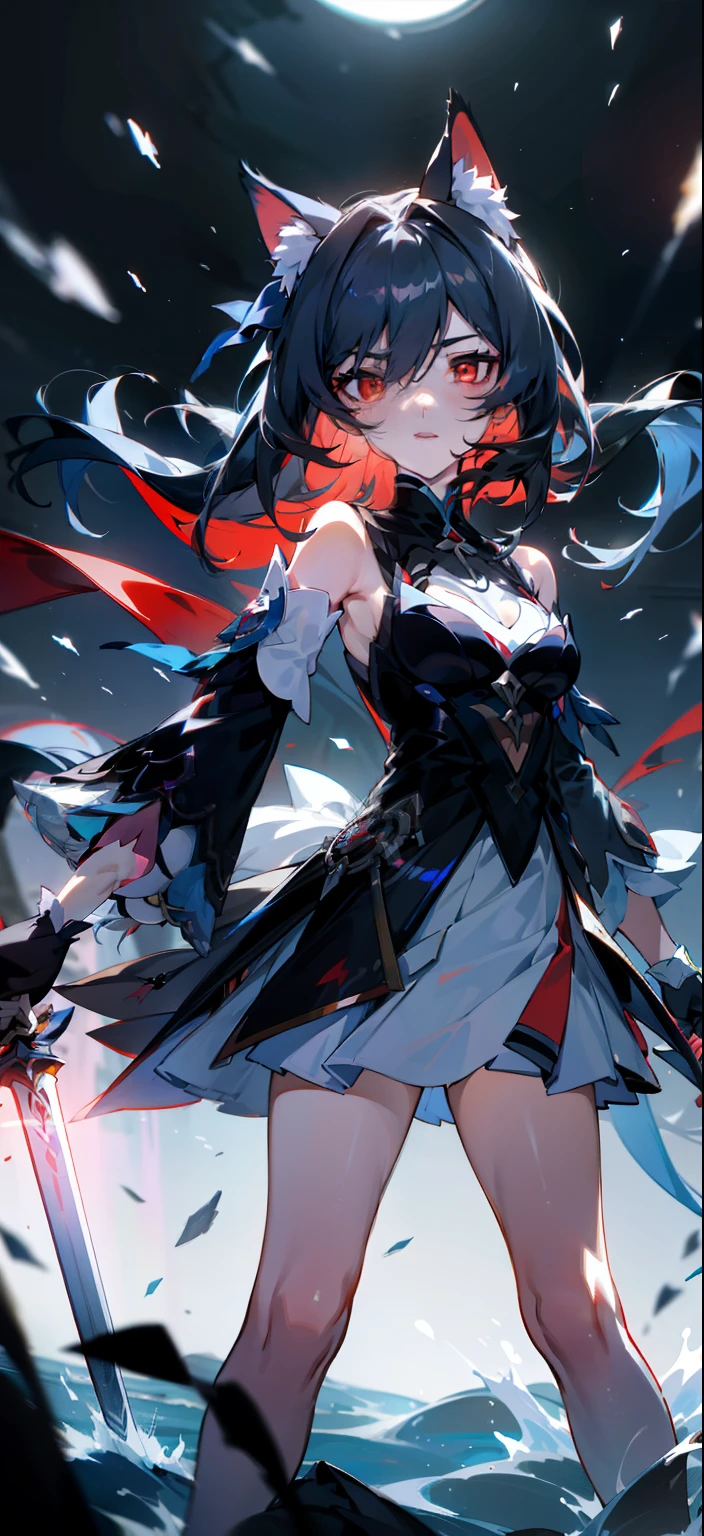 A close-up of a girl,Black hair,red color eyes,glowing light eyes,Separate the sleeves,shift dresses,Cold,Perfect girly body,mediuml breasts,long leges,cat ear,mitts,the night,Lake surface,There are three cats next to it,holding a longsword,Indifferent swordsman,Separate the sleeves,Honkai Three style,style of anime,full bodyesbian