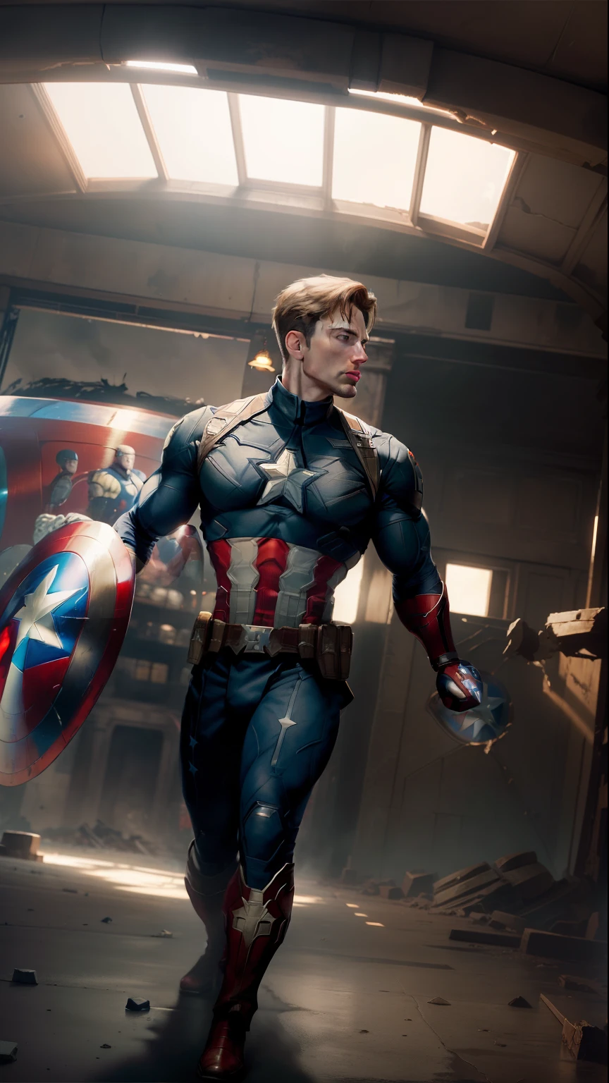 (Masterpiece, Superb Quality, Super Detailed, High Resolution), Male Focus, ((Captain America)), (((Muscular Man))), (((Muscle Detail))), (He Holds a Round Shield), Pose for Photo, City Ruins, Background Details, (((Full Body)), (((Captain America Huge Feeling))