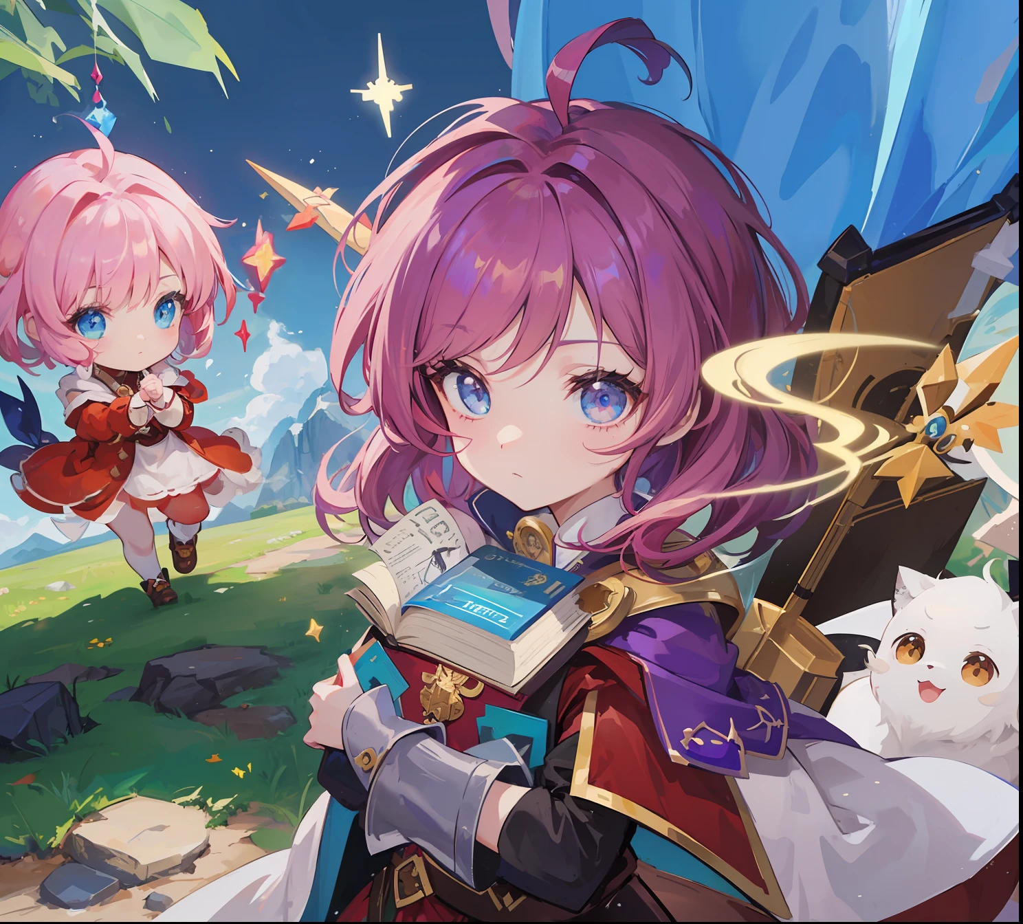 A close-up of a cartoon character holding a book, character art of maple story, alchemist girl, coriolios rpg art style, wearing star filled mage robes, MapleStory, maya ali as a lightning mage, jrpg character, maple story gun girl, crisp clear rpg portrait, maya ali as a wind mage, shadowverse style, epic mage girl character