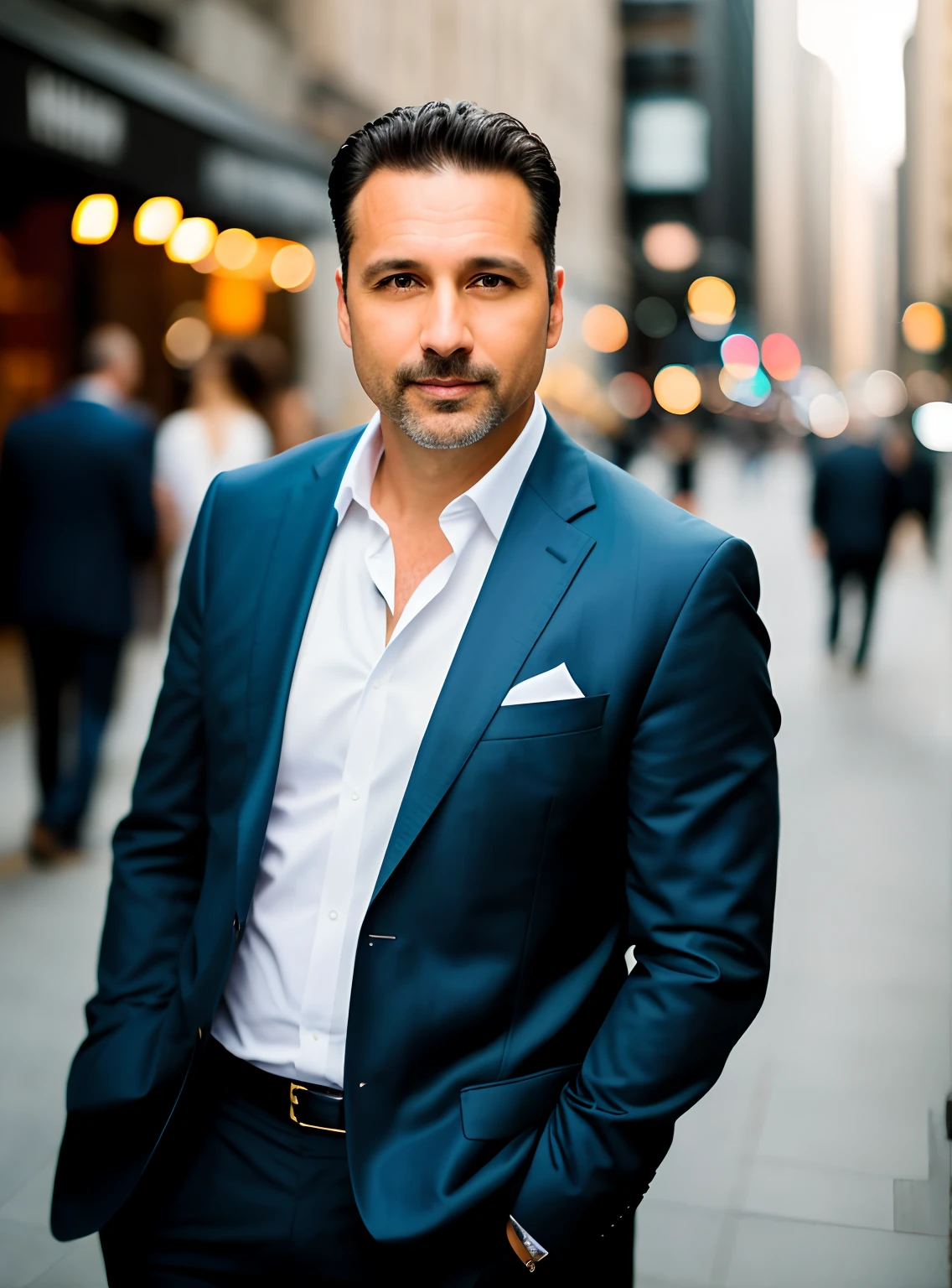 Photo RAW, 43-year-old male, seduction coach, well-dressed, on the street, (high-precision skin: 1.2), 8k uhd, DSLR, soft lighting, high quality, film grain, Fujifilm XT3