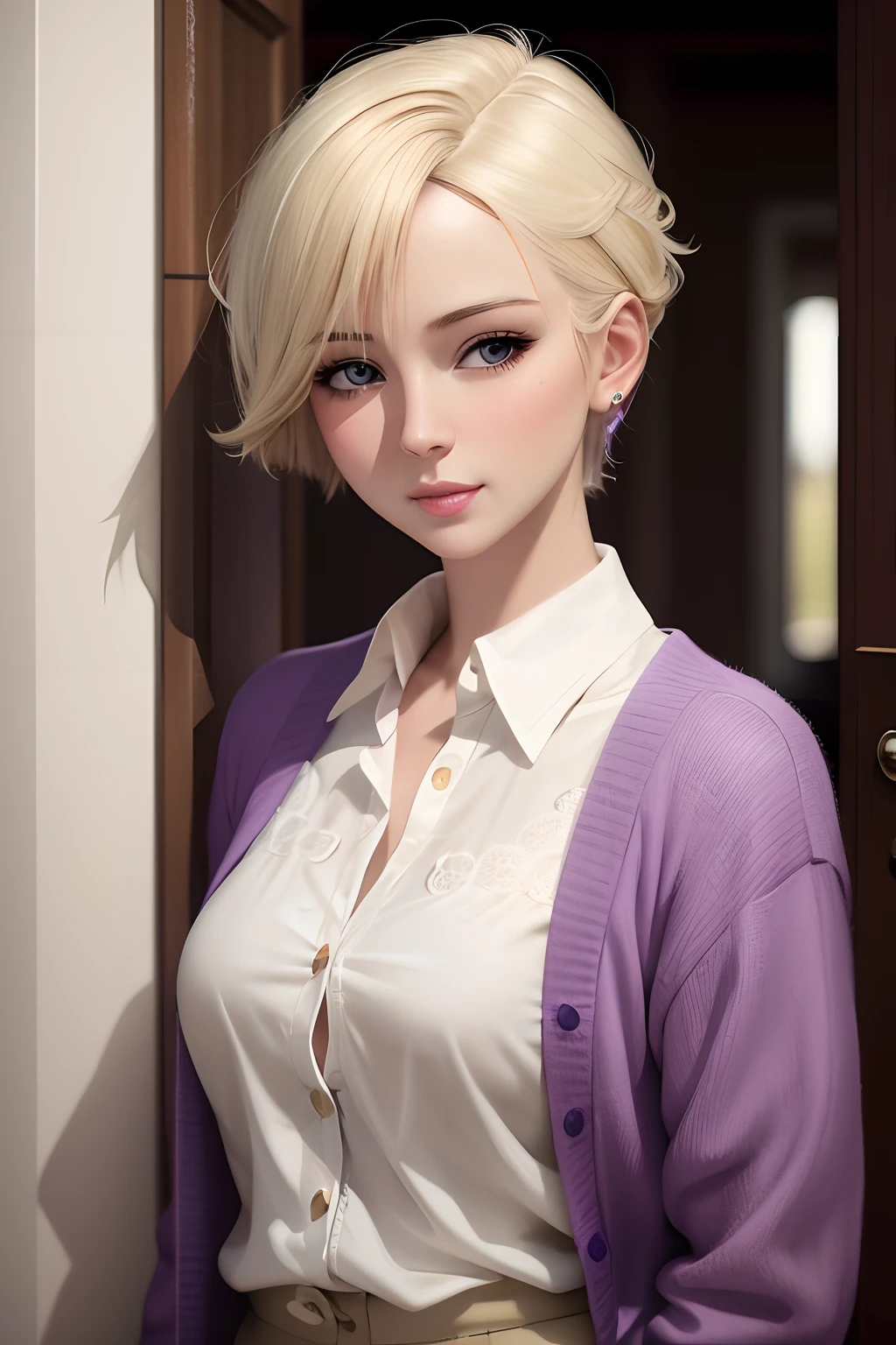 blond haired woman in a white shirt and purple cardigan, 4 k, realistic anime 3 d style, photorealistic  girl render, girl portrait, real realism style, 8k portrait render