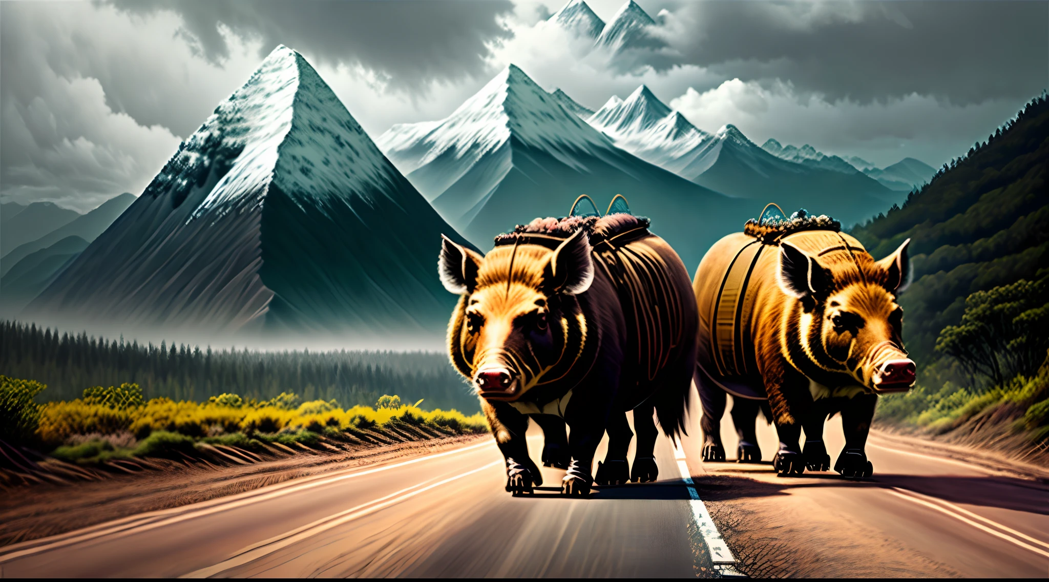 Big Mountain,Two women carrying wild boars on the road
