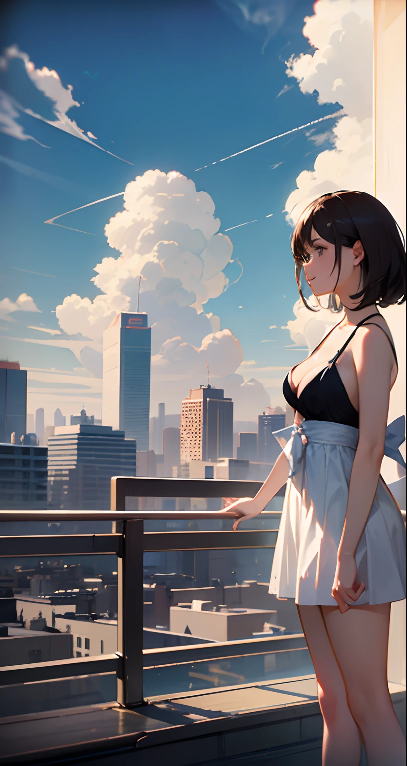 tmasterpiece,best qualtiy,cinematic Film still from,1girl,Floating in the sky,Urban Girl,brunette color hair,clouds,(closeup cleavage:1.1),brightly,cheerfulness,intriguing,gentlesoftlighting,(bauhause,shape,lineworks,abstracted:1.1)
