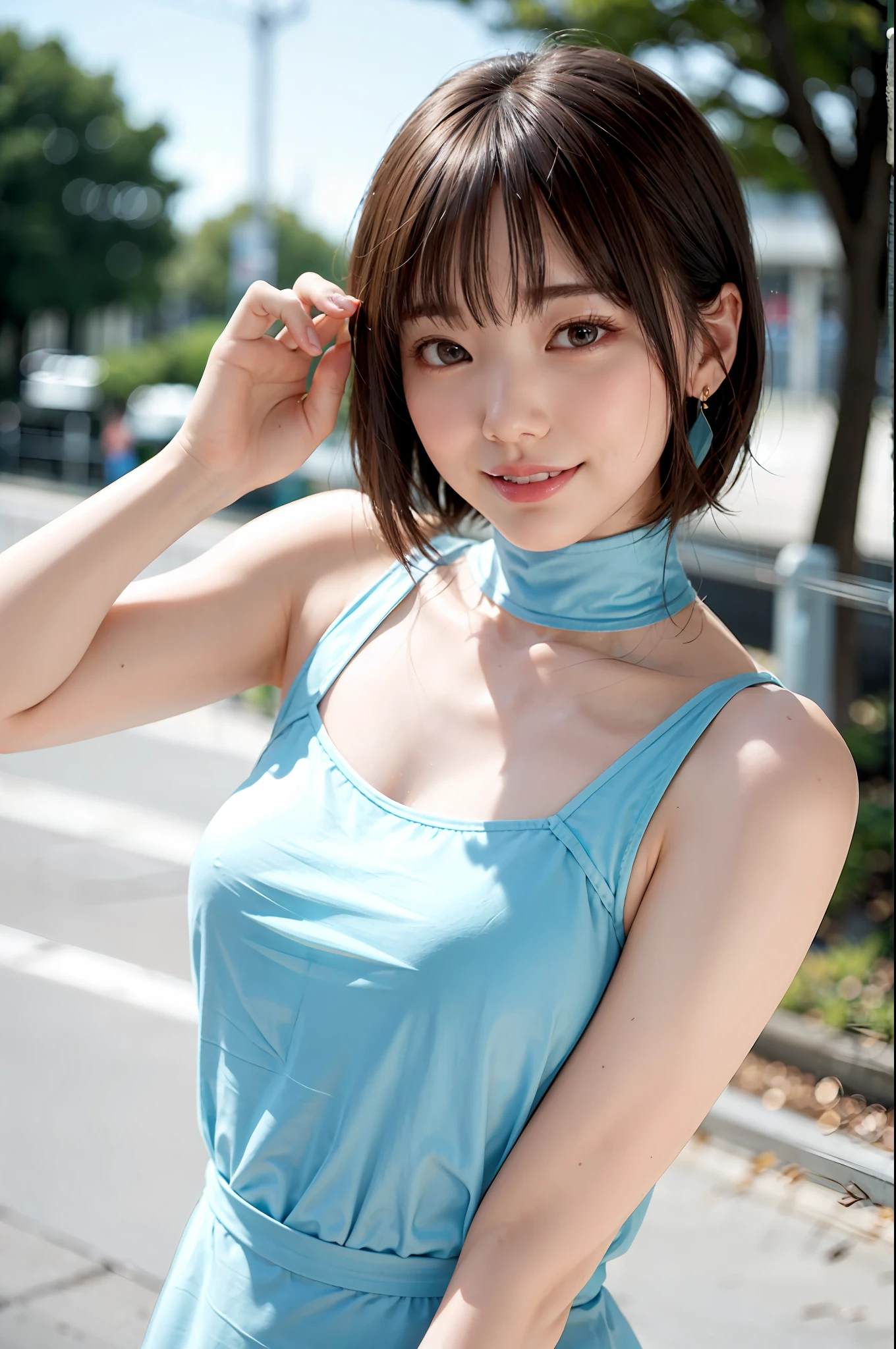 a woman posing on the street corner with light blue dress on, best quality, 1girl, large breasts, day, bright, blur background, bokeh, outdoor, (street:0.8), (people, crowds:1), (lace-trimmed dress:1.5, sleeveless dress, light blue clothes, light blue high-neck dress:1.2, blue dress: 1.5), gorgeous, (short hair, forehead:1.2), beautiful detailed sky, earrings, (dynamic pose:1.2), (upper body:0.8), soft lighting, wind, shiny skin, smile,