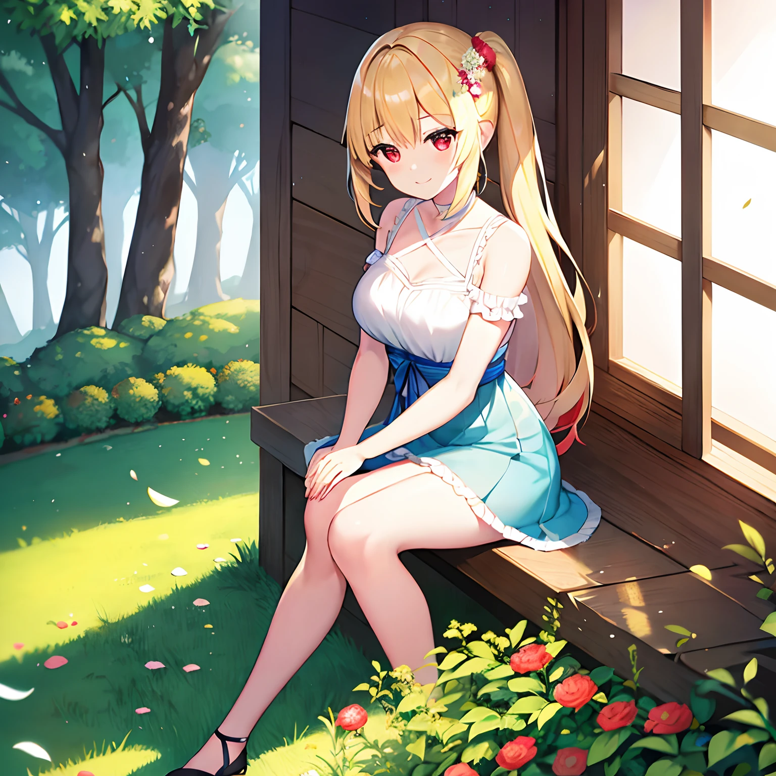 poneyTail、a blond、red eyes、Beautiful girl alone、独奏、animesque、have a bouquet、doress、flower field、a smile