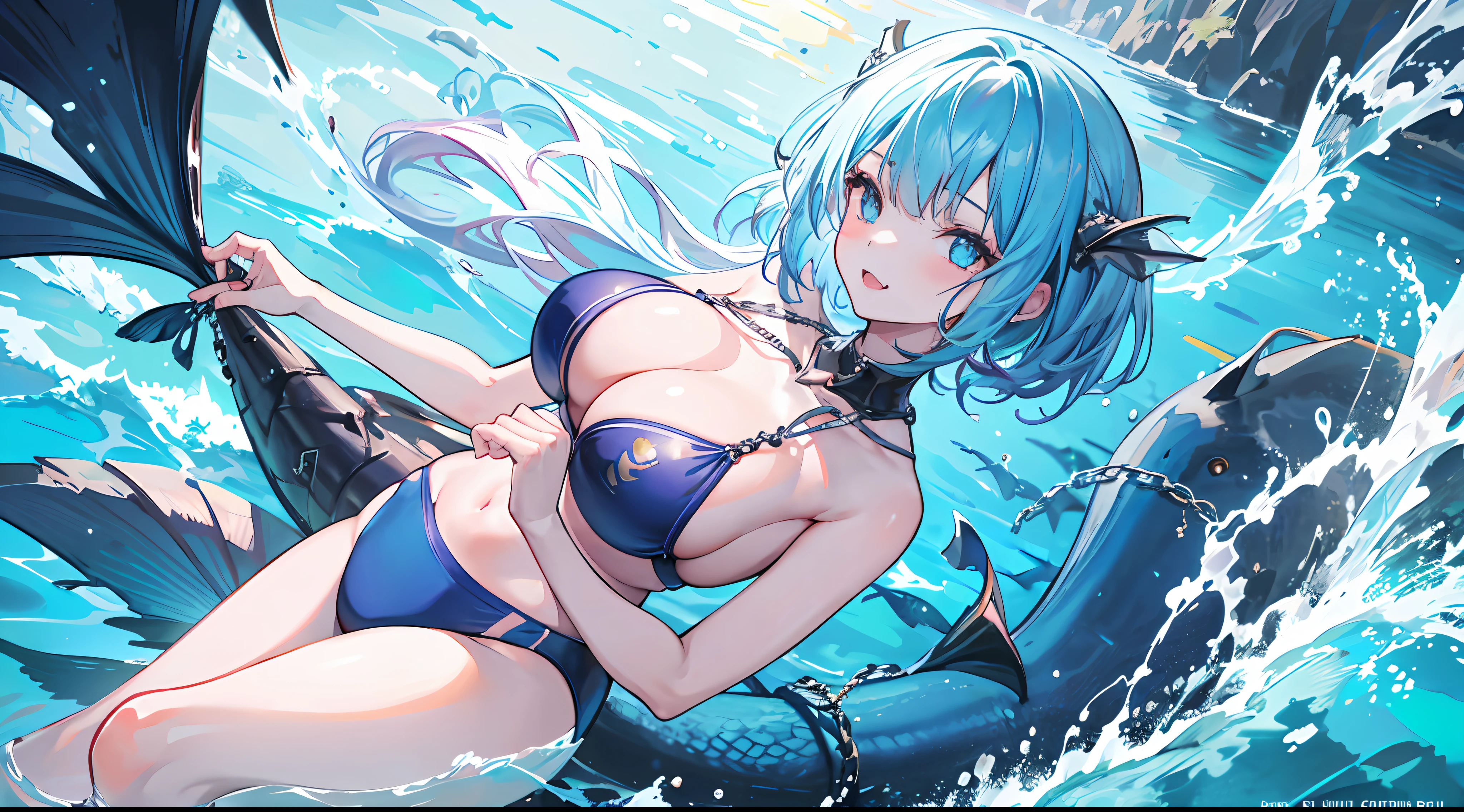 (1girl:1.21), mermaid, bob cut, cleavage, (chains:1.1), huge breasts, heart pasties, metal collar, tongue, fang, (in the sea:1.1), (the tail of a fish:1.1), in the water, swimming uniform, long whitr hair, flowy, airbubble, Long light blue hair, Hasselblad, 135mm, f/4.0, ray tracing, cinematic lighting, drop shadow, backlighting, ccurate, textured skin, anatomically correct, super detail, high details, high quality, 4K