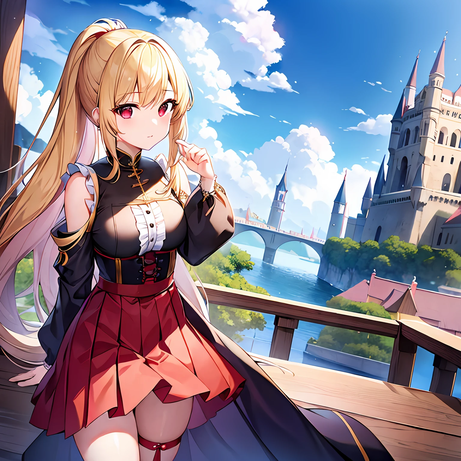 poneyTail、a blond、red eyes、Beautiful girl alone、独奏、animesque、western clothes、a miniskirt、Castles、have a bouquet