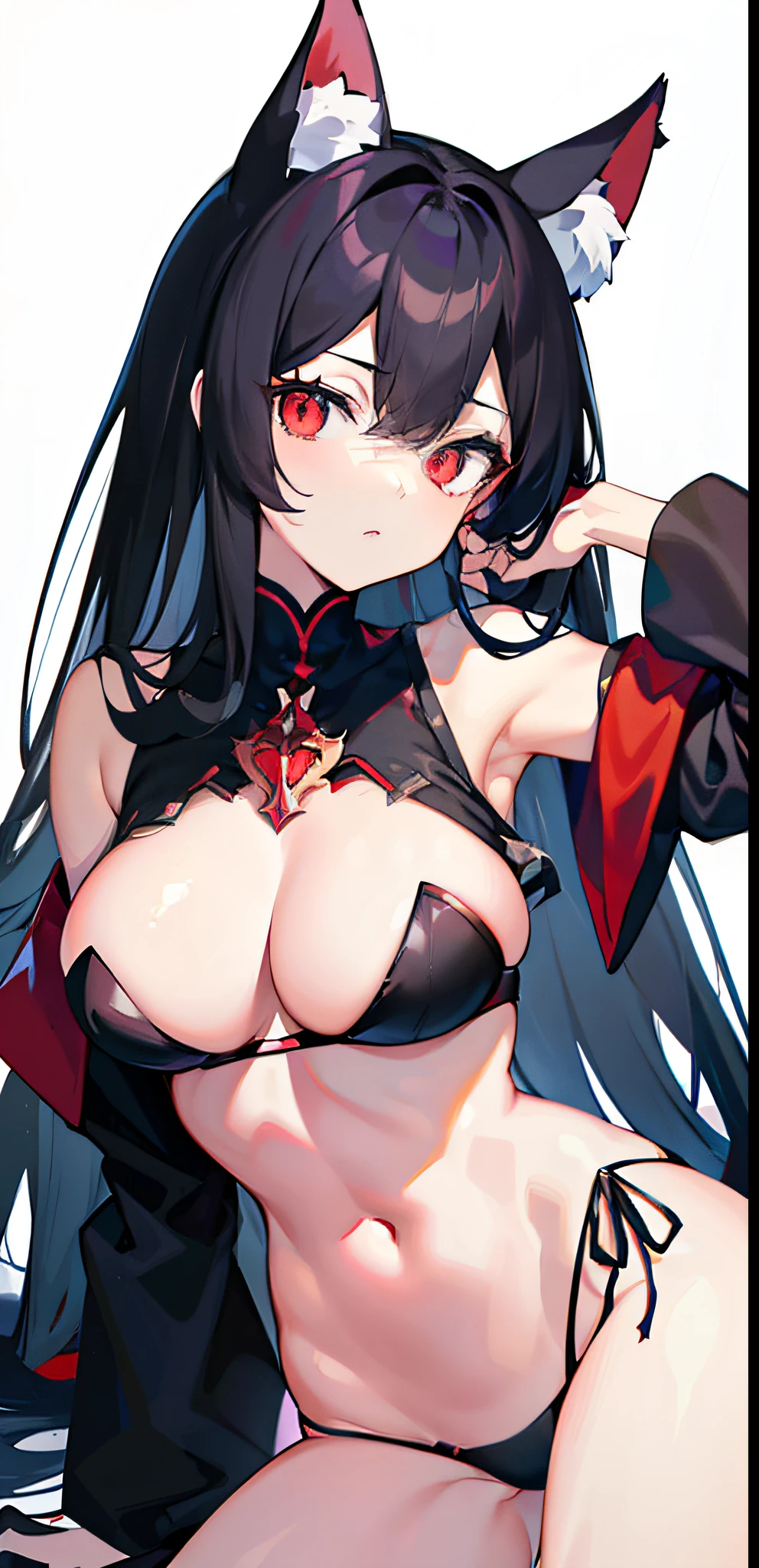 A close-up of a girl，Black hair，red color eyes，glowing light eyes，Separate the sleeves，black color dress,Cold，Perfect girly body，mediuml breasts，long leges，cat ear，black glove，the night，Lake surface，There are three cats next to it，Holding a black long sword，Indifferent swordsman，Separate the sleeves，Honkai Three style,style of anime，full bodyesbian，Reveal bra and panties，Bare chest，Spread your legs，seductiv，Fold your arms behind your head，Cover the navel，Need，tmasterpiece，Normal body，Normal muscle texture，Smooth skin