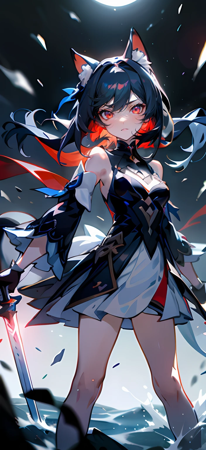 A close-up of a girl,Black hair,red color eyes,glowing light eyes,Separate the sleeves,shift dresses,Cold,Perfect girly body,mediuml breasts,long leges,cat ear,mitts,the night,Lake surface,There are three cats next to it,holding a longsword,Indifferent swordsman,Separate the sleeves,Honkai Three style,style of anime,full bodyesbian