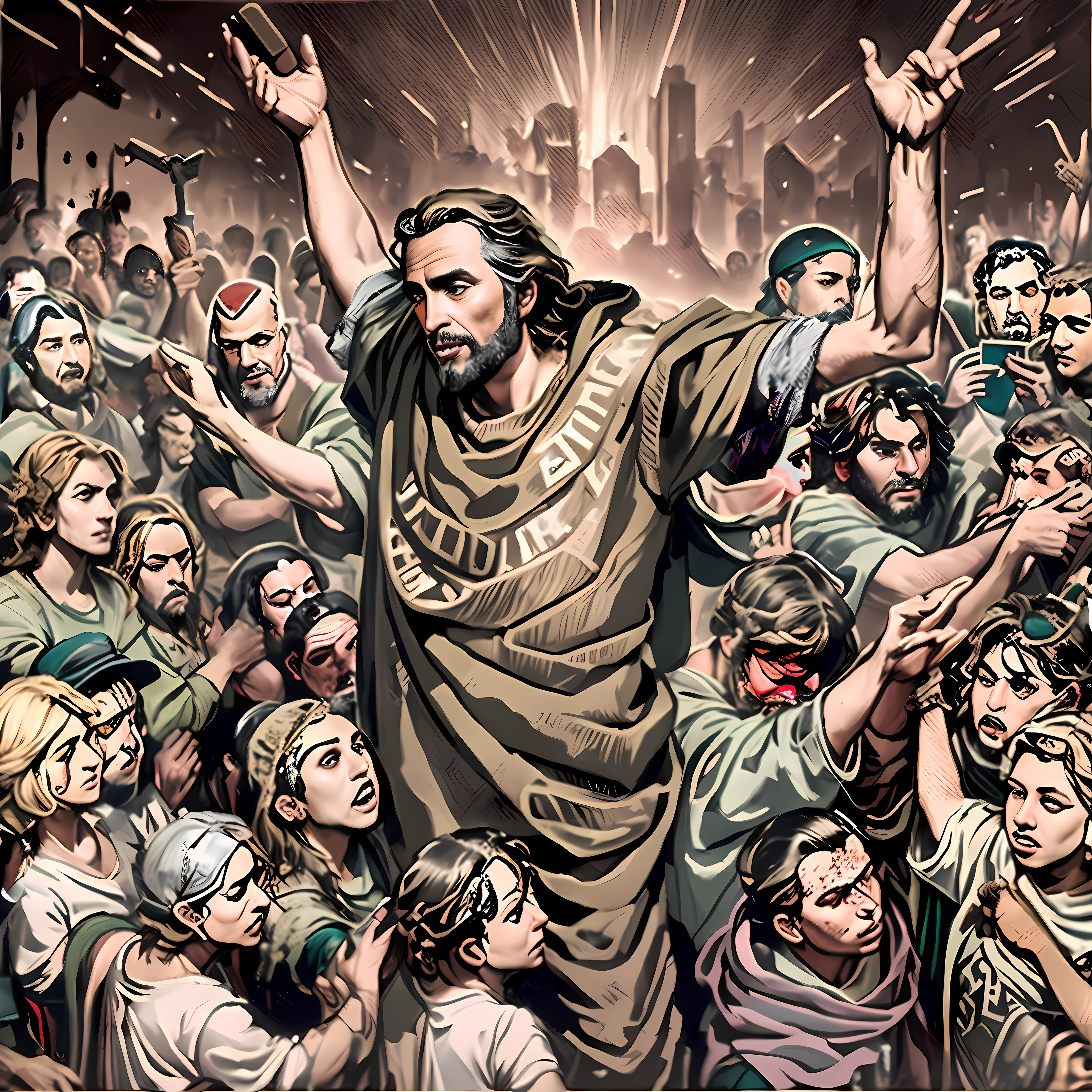 a painting of a man standing in front of a crowd of people, bible illustration, epic biblical depiction, jesus wasted at a party, epic full color illustration, martin ansin, prophet graphic novel, by Jason Benjamin, full color illustration, by Jason Felix, by Eddie Mendoza, by José Comas Quesada, gigachad jesus, cult leader, full color digital illustration