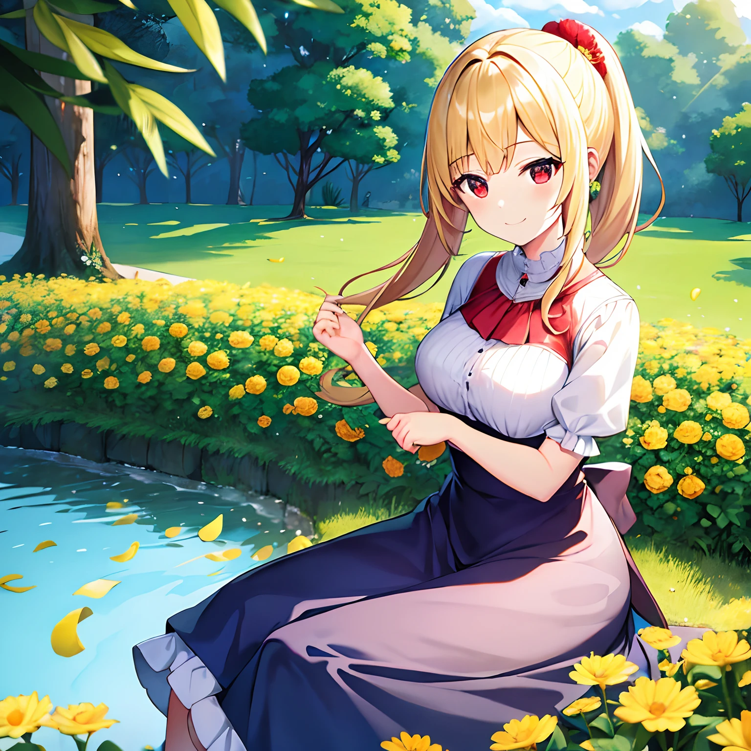 poneyTail、a blond、red eyes、Beautiful girl alone、独奏、animesque、have a bouquet、doress、flower field、a smile