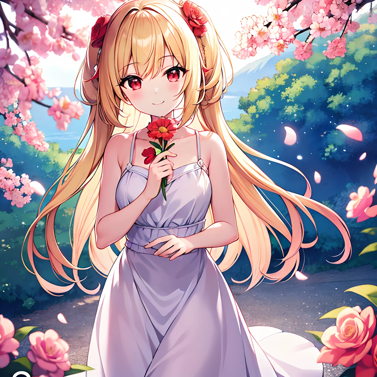 una rubia、ojos rojos、1 chica bonita、animesque、wearing no dress, no paties、paw petal flower、mojar el cabello、hosco、Camisole usando、Arco iris、Saltar agua