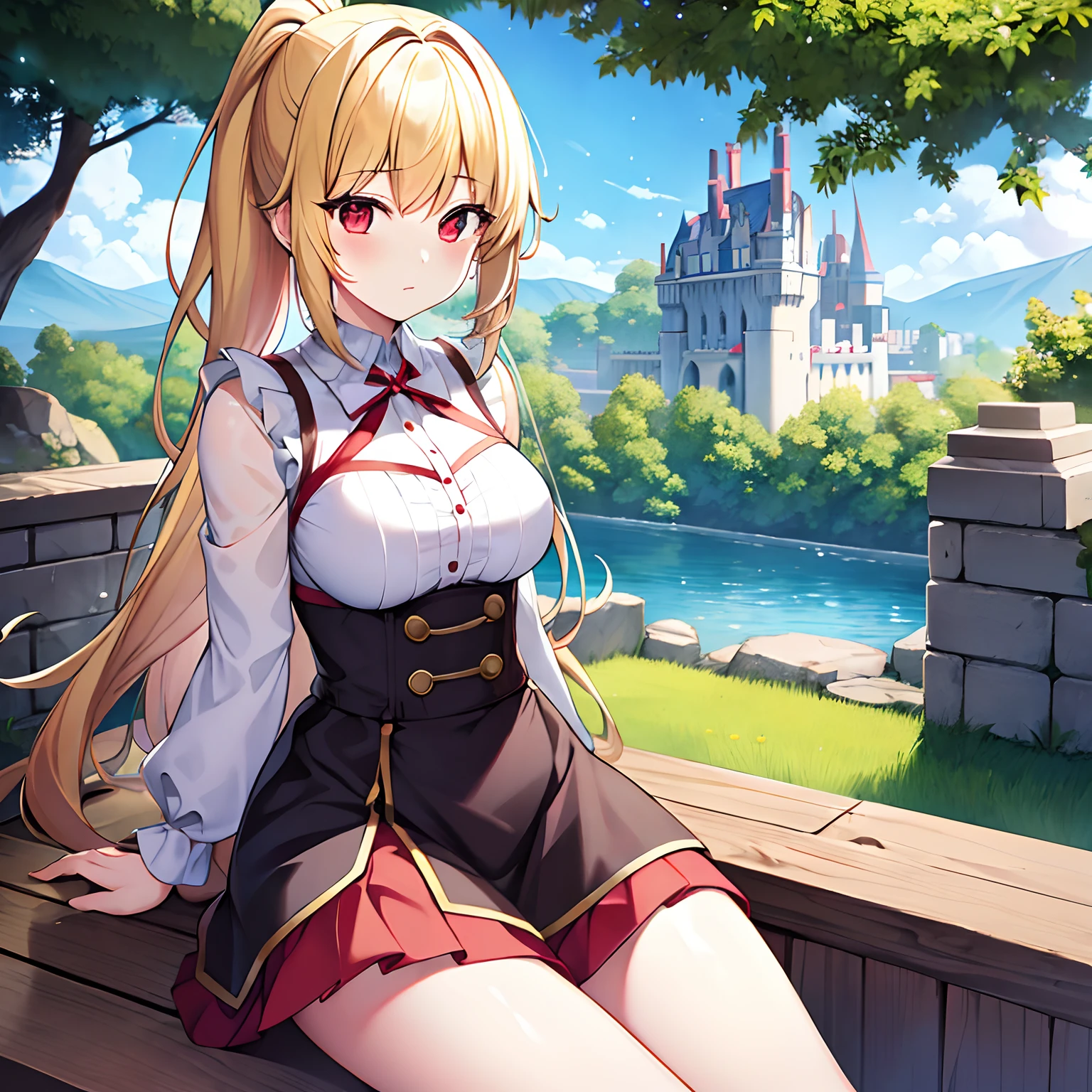 poneyTail、a blond、red eyes、Beautiful girl alone、独奏、animesque、western clothes、a miniskirt、Castles、have a bouquet