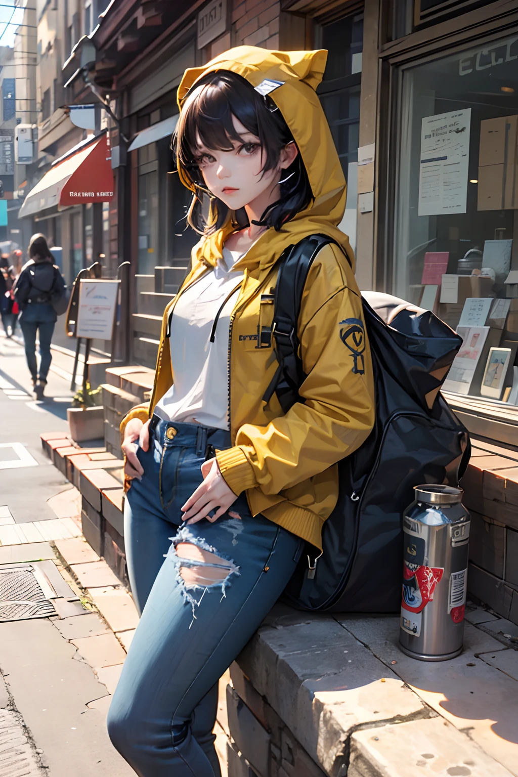 ((best quality, masterpiece, 8K)), (detailed), highly detailed face and skin texture, detailed eyes, downtown, full body, slender body, 1girl, 25 years old, white skin, blue eyes, worried, embarrassed, long hair, (forehead), stylish top, denim pants, blue jeans, footwear, peeing jeans, peeing pants, pee stain, (wetting herself), desperation,