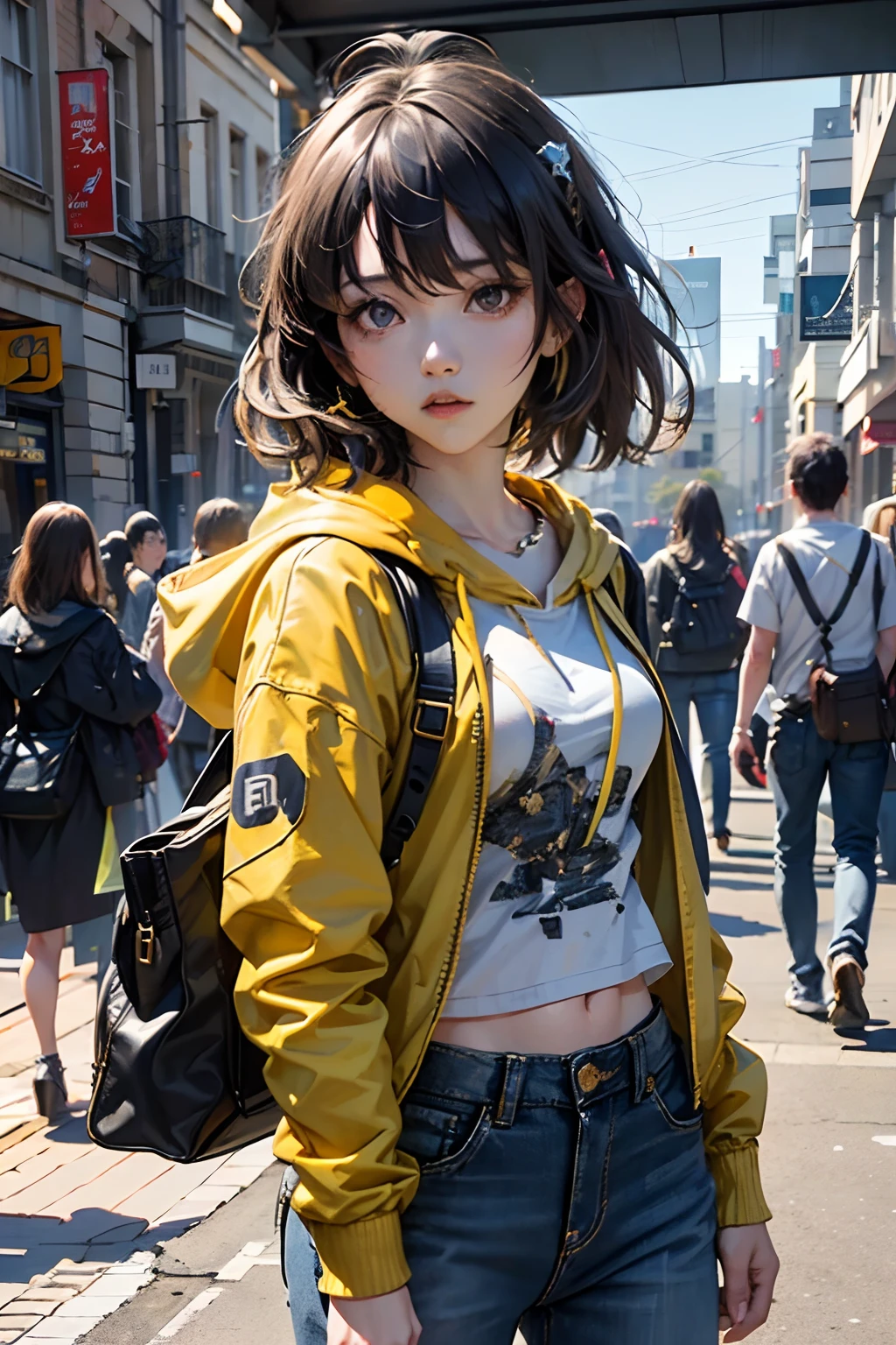 Girl in yellow purple hood、NFT art、marks、pop inspo、mirai、Black hair、Black eyes、stamp、Keekinuku、unbalanced、mistic,the lora,1girll,streetview,denim pant