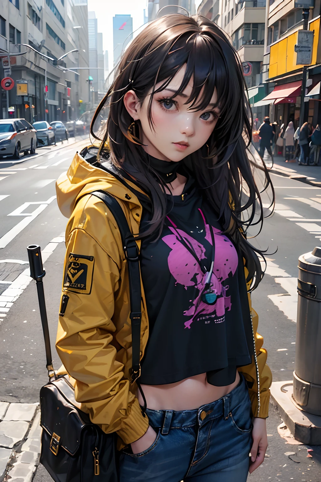 Girl in yellow purple hood、NFT art、marks、pop inspo、mirai、Black hair、Black eyes、stamp、Keekinuku、unbalanced、mistic，the lora，1girll，streetview，denim pant