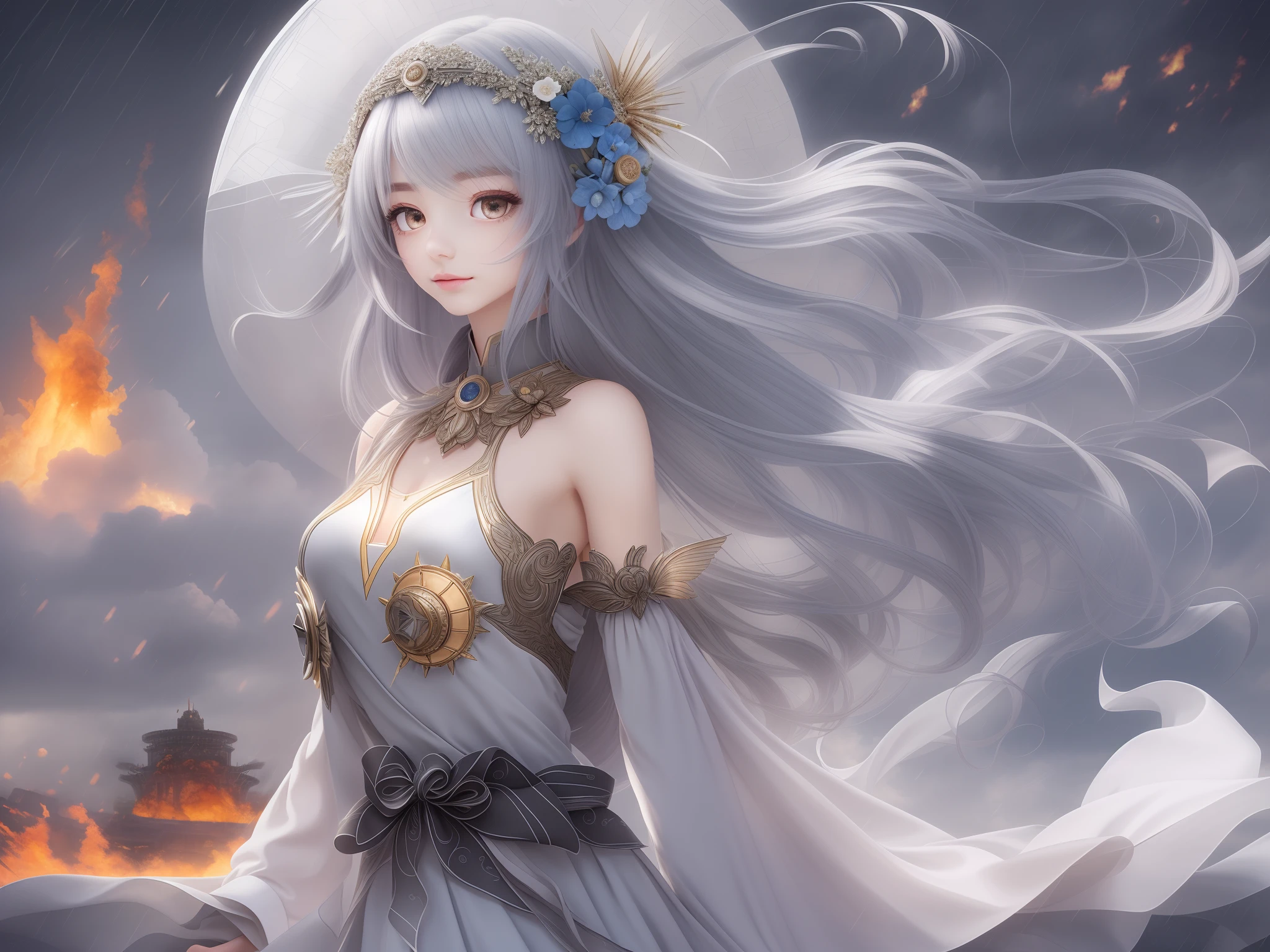 Official Art, Masterpiece, Sharp Focus, (Beautiful Gorgeous Cute Korean Woman:1.3), (Beautiful Cute Korean Woman:1.3), Delicate and Beautiful Hair and Eyes and Face, Realistic, Very Detailed, Beautiful Girl, Blue Sky, Sunset White Particles, (Side Lighting:1.2), Sun Light, White Clouds, Delicate Clouds, Thin, Toothy Smile, ((Smile with eyes, open eyes)), Landscape, Long straight hair, Sexy look, Building, (Sikyung:1.7), Dynamic hair, detailed platinum silver hair, shining blue eyes, white mermaid dress, pale skin, gold laurel headdress, majestic temple scenery, unexposed, sacred atmosphere