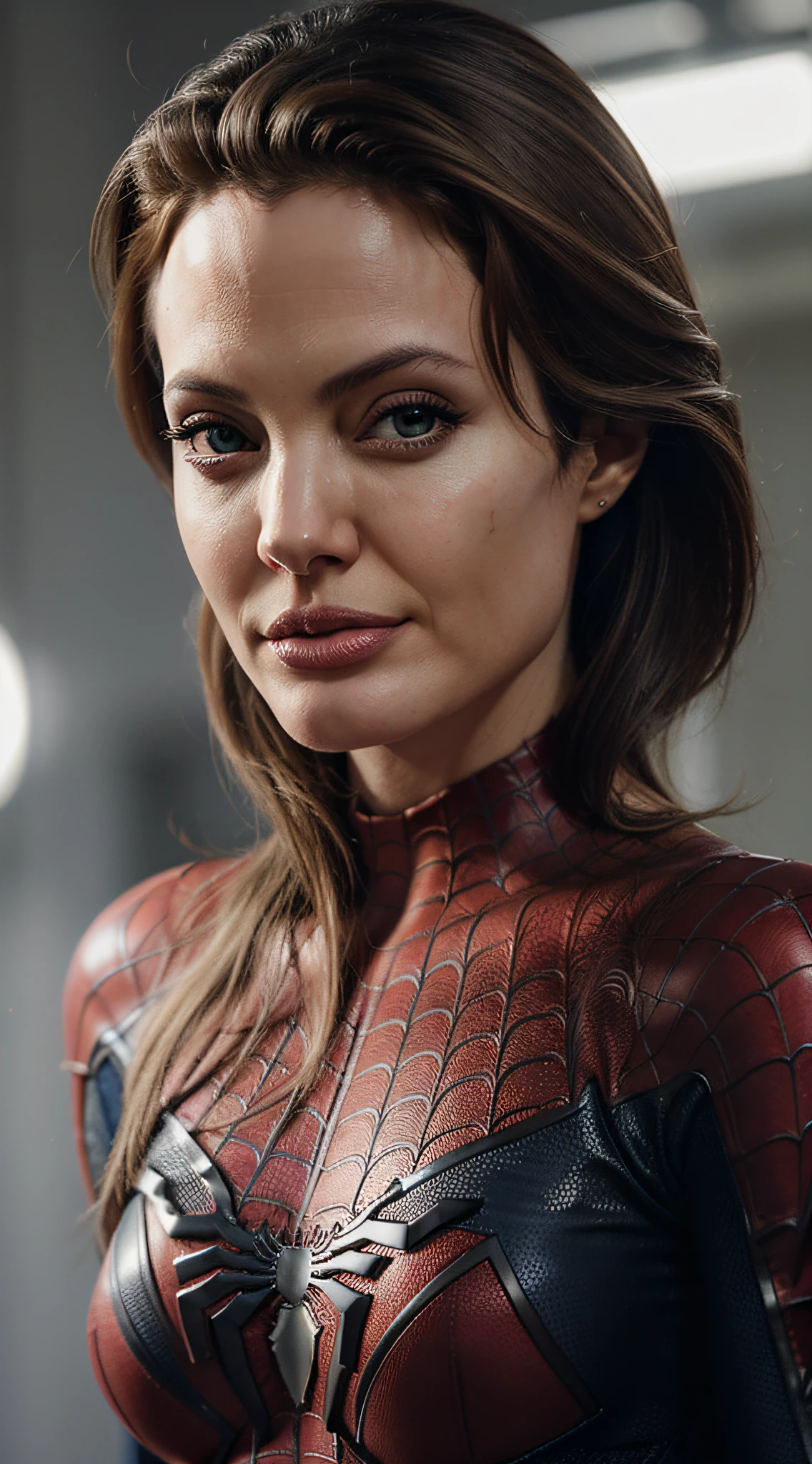 close-up, Mulher (spiderman suit, cabelos pretos, Angelina Jolie, 30yo), fotorrealista, ultra-detalhado, detalhes intrincados, super detalhado, volumático, HDR, Realistic, Motor irreal, 16k, foco nítido, octan render, da mais alta qualidade, Foto RAW, cinematic composition,