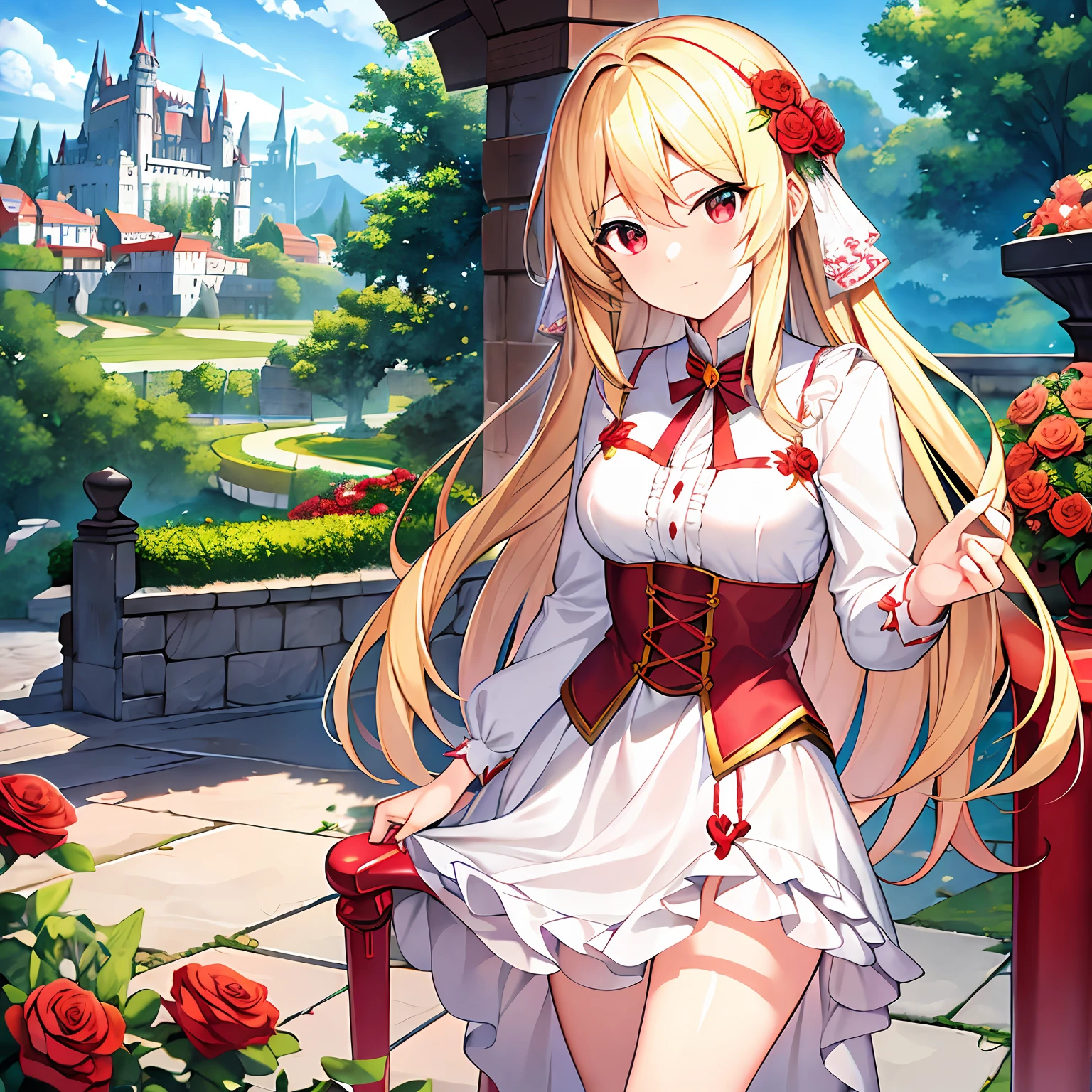 long blonde hair、red eyes、Beautiful girl alone、独奏、animesque、western clothes、a miniskirt、Castles、flower bouquet、Rose Garden
