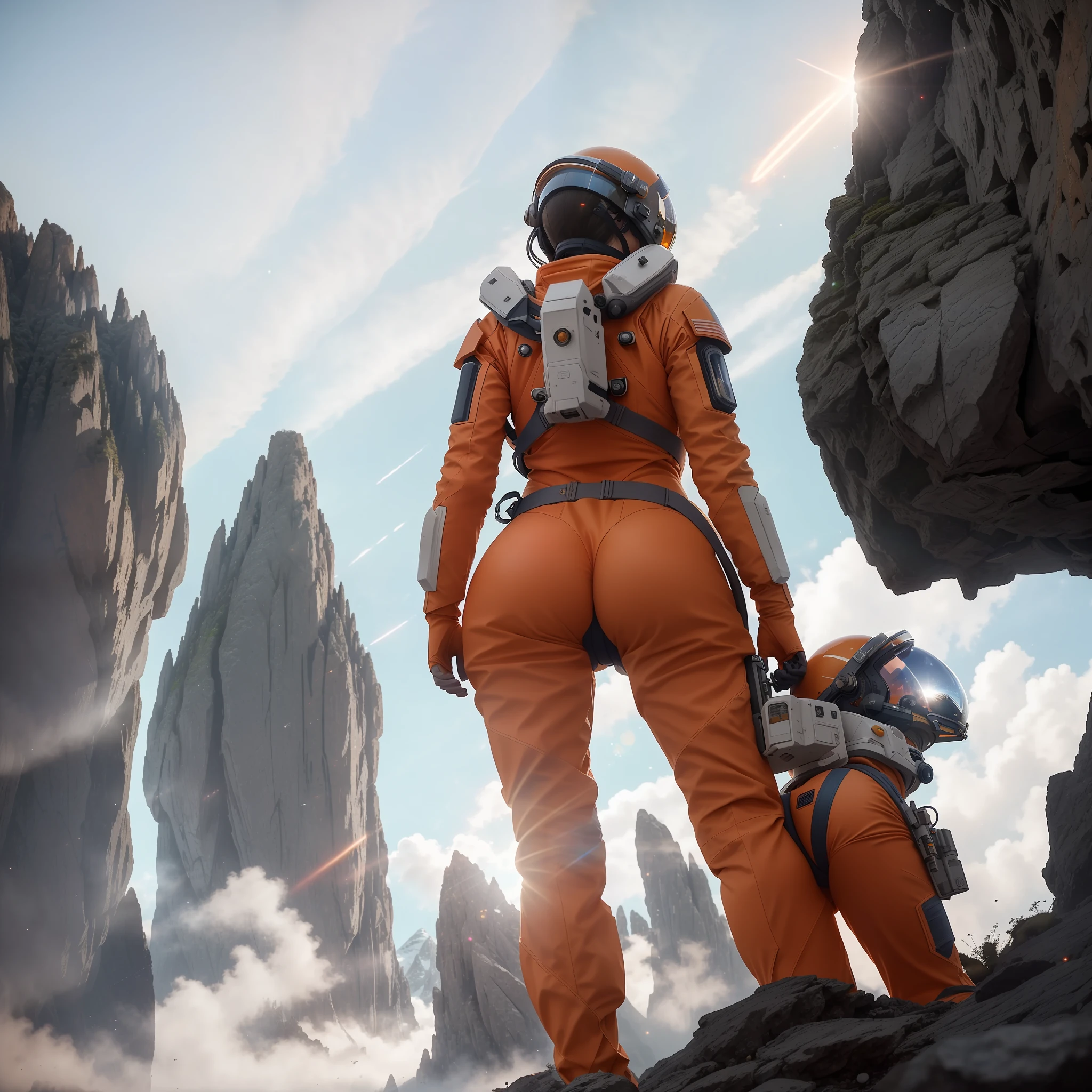 rear angle, Highly detailed RAW color Photo, Rear Angle, Full Body, of (female space soldier, wearing orange and white space suit, helmet, tined face shield, rebreather, accentuated booty), outdoors, (looking up at advanced alien structure, on alien planet), toned body, big butt, (sci-fi), (mountains:1.1), (lush green vegetation), (two moons in sky:0.8), (highly detailed, hyperdetailed, intricate), ((DAY TIME)), (lens flare:0.7), (bloom:0.7), particle effects, raytracing, cinematic lighting, shallow depth of field, photographed on a Sony a9 II, 50mm wide angle lens, sharp focus, cinematic film still from Gravity 2013, from behind