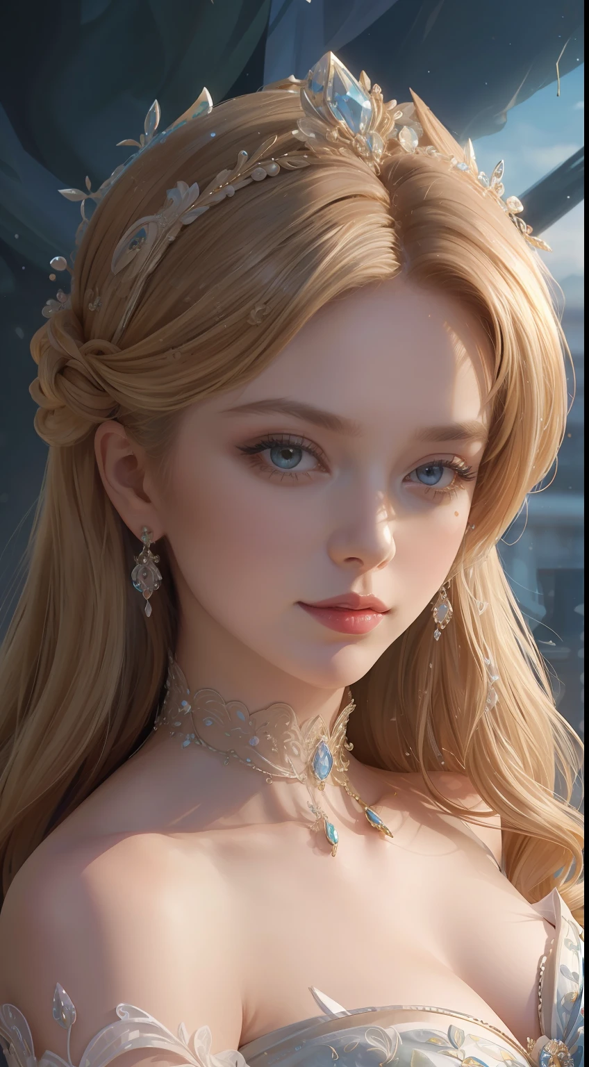 tmasterpiece,Highest image quality,Beautiful bust of a royal lady,Delicate blonde hairstyle,Embellished with brilliant and intricate floral jewelry,super detailing,upscaled。
