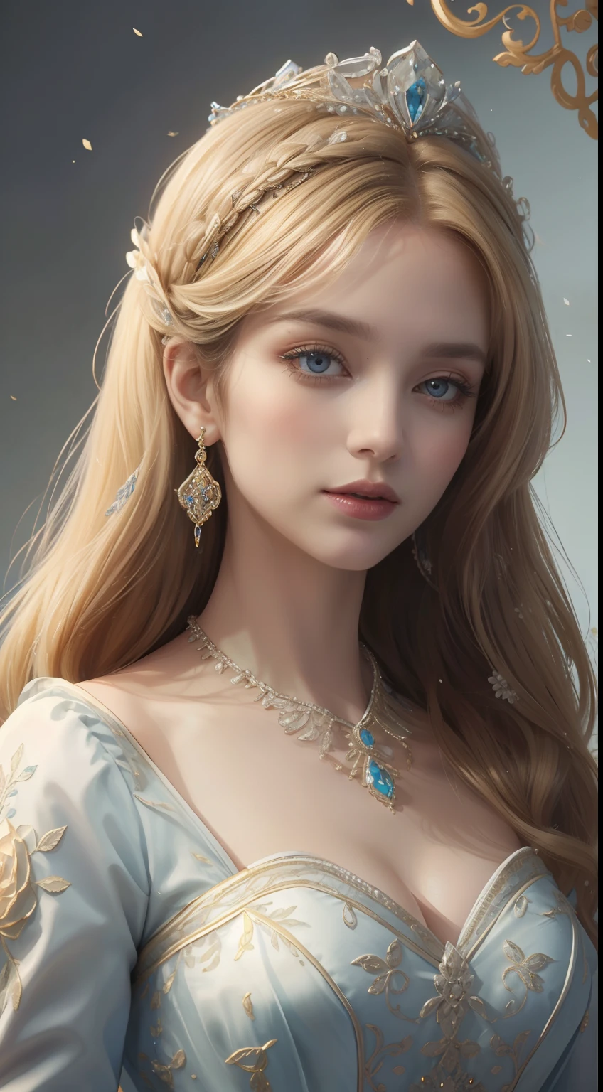 tmasterpiece，Highest image quality，Beautiful bust of a royal lady，Delicate blonde hairstyle，Embellished with brilliant and intricate floral jewelry，super detailing，upscaled。