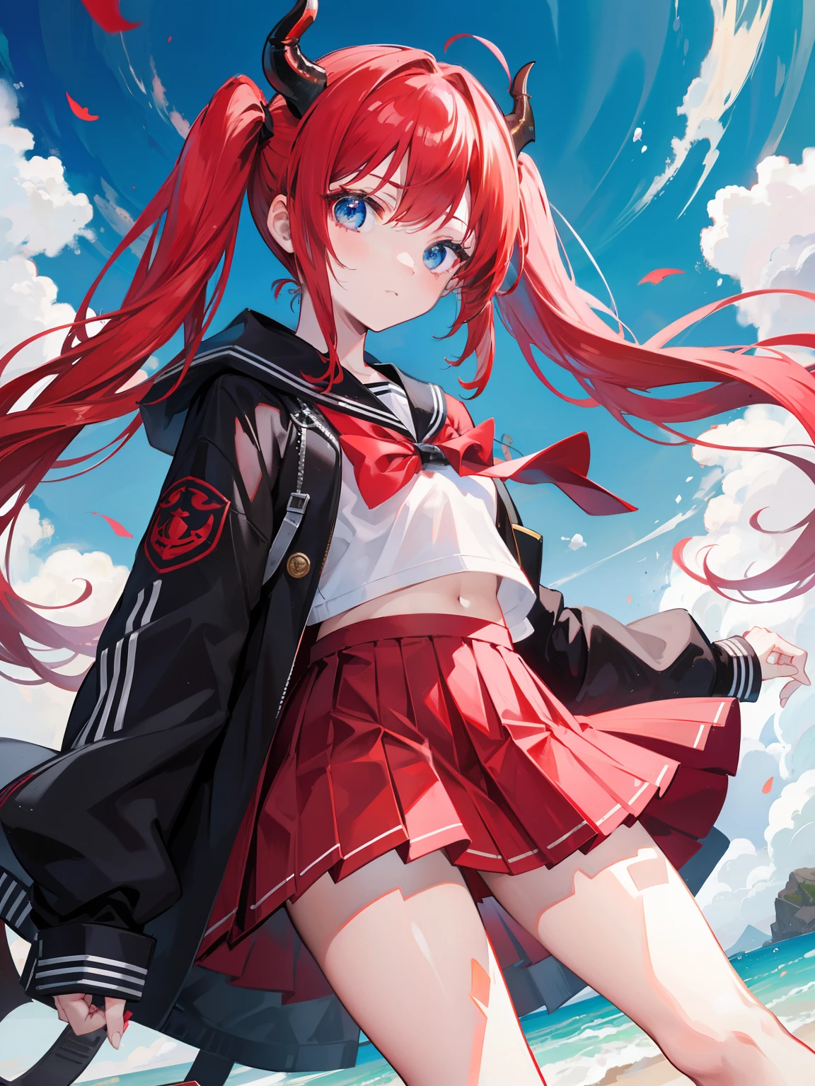 red hair, blue eyes, twintails, Sailor suit,black coat, Dragon horns,Pleated skirt,solo,li,cute,bow
