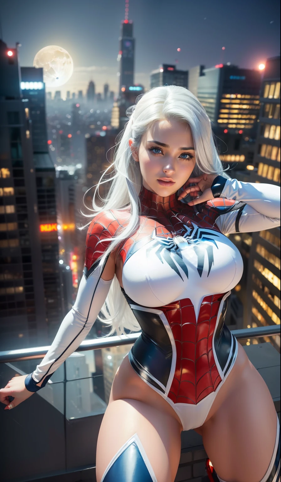 (masterpiece:1.4), (8k, photorealistic, RAW photo, best quality: 1.4), japanese, (1girl), beautiful face, (realistic face:1.4), (white hair, ponytailed long hair:1.3), beautiful hairstyle, beautiful detailed eyes, (best ratio eyes:1.5), attractive, ultra high res, ultra realistic, highly detailed, best ratio, (detailed face:1.4), looking at viewer, red lipsticks, (best ratio fingers:1.5), (White superhero theme, charismatic, there's a girl on top of town, wearing transparent lingerie Spider-Man costume, she's a superhero), [ ((25 years), full body, (realistic blue eyes:1.2), ((Spider-Man pose), show of strength, jumping from one building to another), ((sandy urban environment):0.8)| (cityscape, at night, dynamic lights), (full moon))] # Explanation: The Prompt mainly describes a 4K painting of ultra-high definition, very realistic, very detailed. It shows a superheroine at the top of the city, wearing a Spider-Man costume. The theme in the painting is a white superhero theme, the female protagonist has long white hair, is 25 years old and her entire body is shown in the painting. In terms of portraying the actions of superheroines, spiders are employed, (no bra:1.4), perky_nipples, ((exposed_nipples, exposed breasts, high proportional realistic breasts, realistic big breasts):1.3), (closed mouth:1.4), (camel_toe_pussy:1.3), innie_pussy,