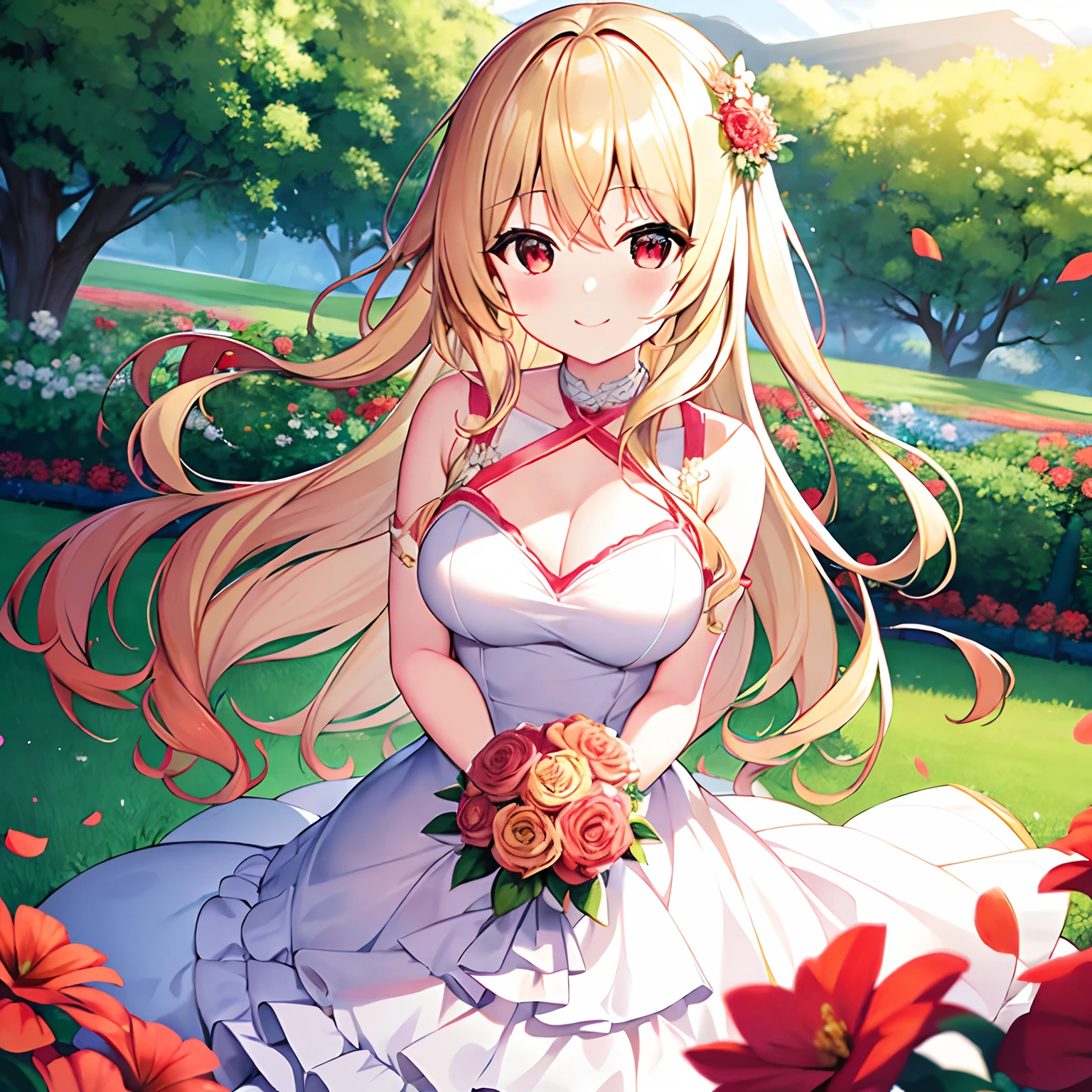 Wavy blonde、red eyes、Beautiful girl alone、独奏、animesque、Have a bouquet、doress、flower field、a smile