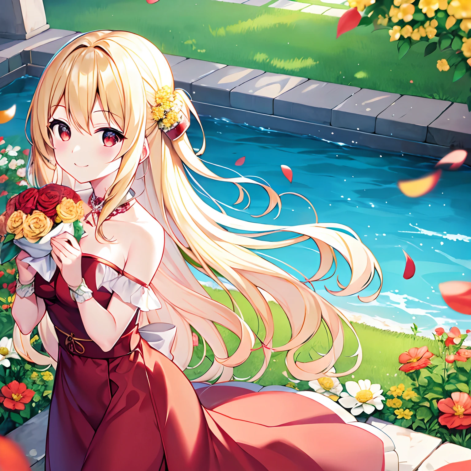 Wavy blonde、red eyes、Beautiful girl alone、独奏、animesque、Have a bouquet、doress、flower  field、a smile