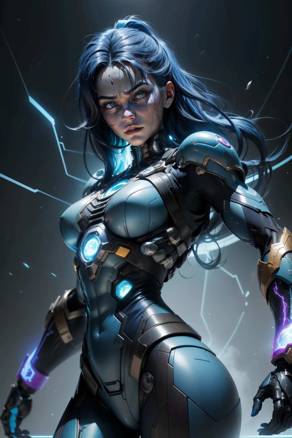 with nebula blue skin, Do Universo Marvel, is a cyborg with blue skin and a dark past linked to Thanos. Known for her superhuman strength and technological abilities, she oscillates between loyalty and conflict with her sister Gamora. a complex character within the Guardians of the Galaxy. As complexidades fazem dela uma figura intrigante e multifacetada.
(best quality: 1.0), (Ultra Highres: 1.0), rosto e olhos altamente detalhados, (fotorrealista: 1.2)