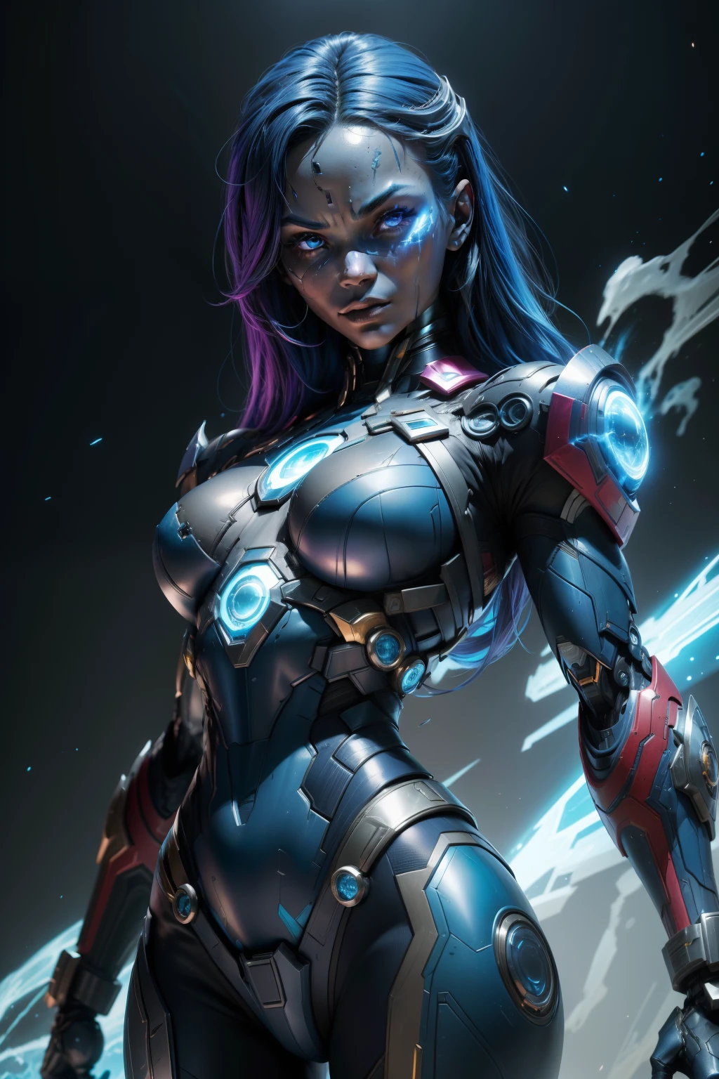 with nebula blue skin, Do Universo Marvel, is a cyborg with blue skin and a dark past linked to Thanos. Known for her superhuman strength and technological abilities, she oscillates between loyalty and conflict with her sister Gamora. a complex character within the Guardians of the Galaxy. As complexidades fazem dela uma figura intrigante e multifacetada.
(best quality: 1.0), (Ultra Highres: 1.0), rosto e olhos altamente detalhados, (fotorrealista: 1.2)