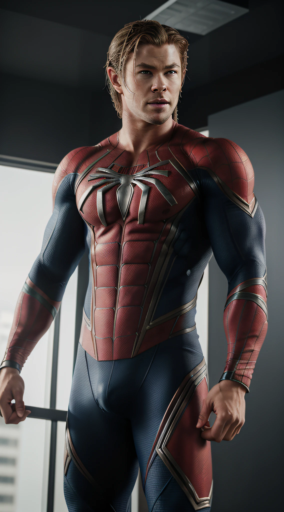 Close-up, homem (spiderman suit), (((cabelos loiros, loiro, Chris Hemsworth, musculoso))), fotorrealista, ultra-detalhado, detalhes intrincados, super detalhado, volumático, HDR, Realistic, Motor irreal, 16k, foco nítido, octan render, da mais alta qualidade, Foto RAW, cinematic  composition,