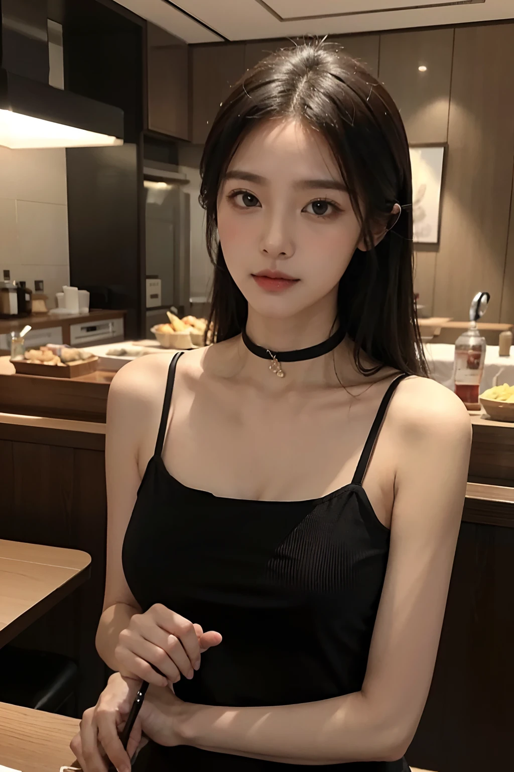 best qualtiy，Original，tmasterpiece，超高分辨率，Sweet girl，Draped with hair，choker necklace，camisole，medium boob，Restaurant，heal