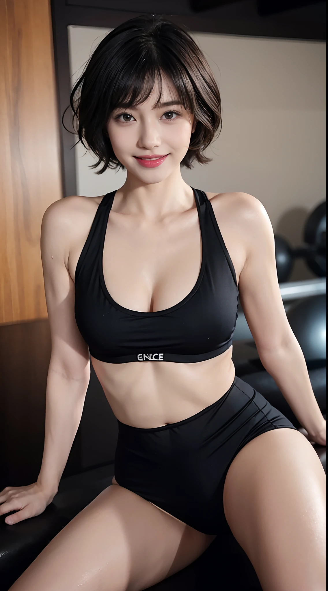 Shooting boyish short hair、(Colossal tits:1.5、Glossy black high leg yoga wear、sports gym、Power Rack、full body seen、The navel is visible、You can see the cleavage of your、A sexy、Lower breast、Pubic area visible、Pubic hair is visible、the shape of the areola looks noticeable、Odious、Obscene、The shape of the pubic area appears to stand out)、A smile、small head、bangss、chee、short wavy hair、small head、pale pink lip、Smiling smile