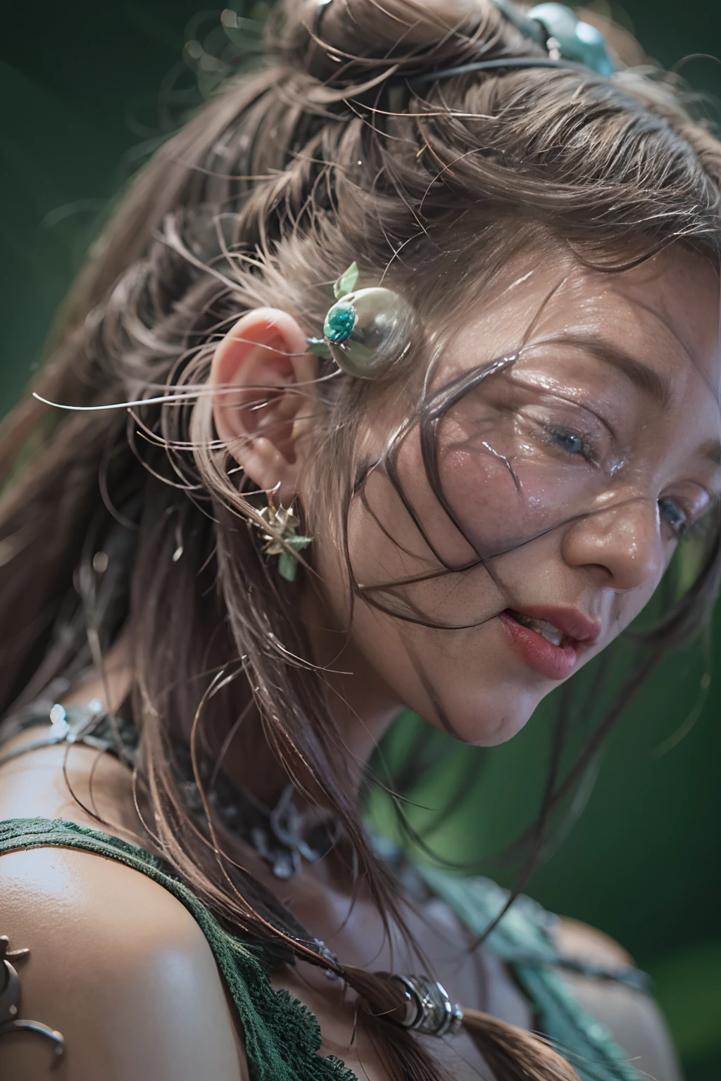 1girl in, surrealism, Verism, Anatomically correct, Textured skin, masuter piece, high details, awardwinning, hight resolution, 8K,Unevenness of the skin,20yr old, green backgroud