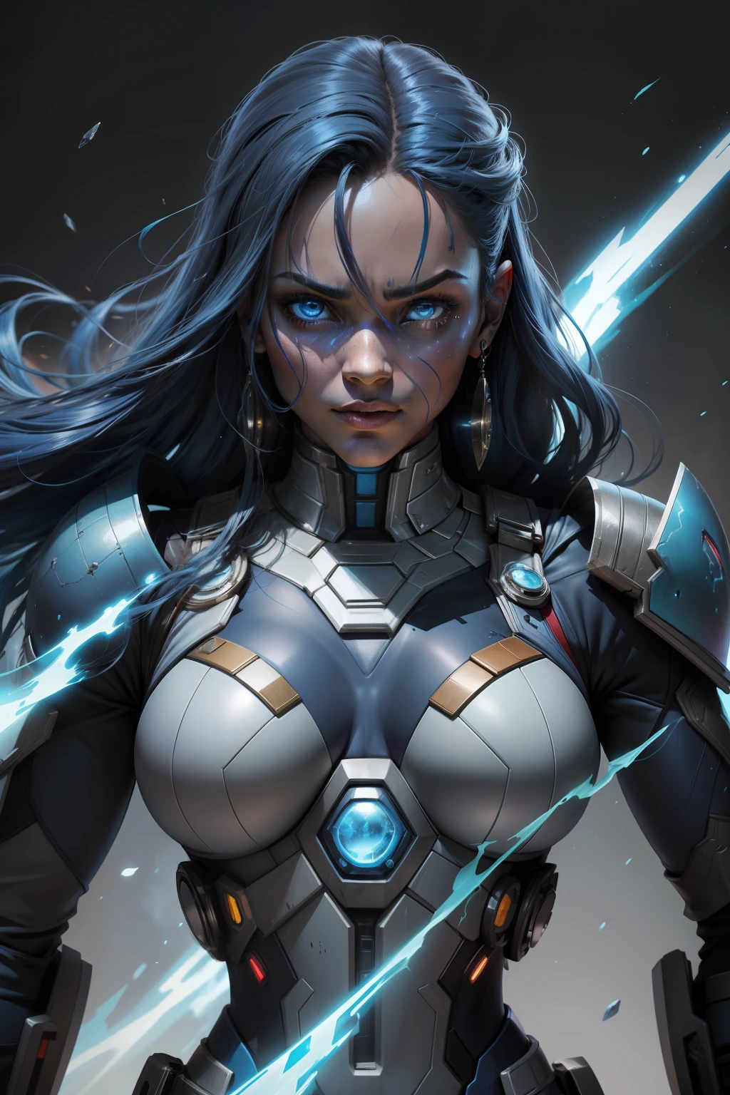com nebulosa pele azul, Do Universo Marvel, is a cyborg with blue skin and a dark past linked to Thanos. Known for her superhuman strength and technological abilities, she oscillates between loyalty and conflict with her sister Gamora. a complex character within the Guardians of the Galaxy. As complexidades fazem dela uma figura intrigante e multifacetada.
(best quality: 1.0), (Ultra Highres: 1.0), rosto e olhos altamente detalhados, (fotorrealista: 1.2)