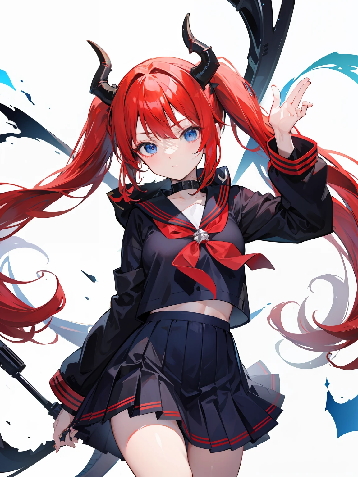 red hair, blue eyes, twintails, Sailor suit,black coat, Dragon horns,Pleated skirt,solo,li,cute,bow