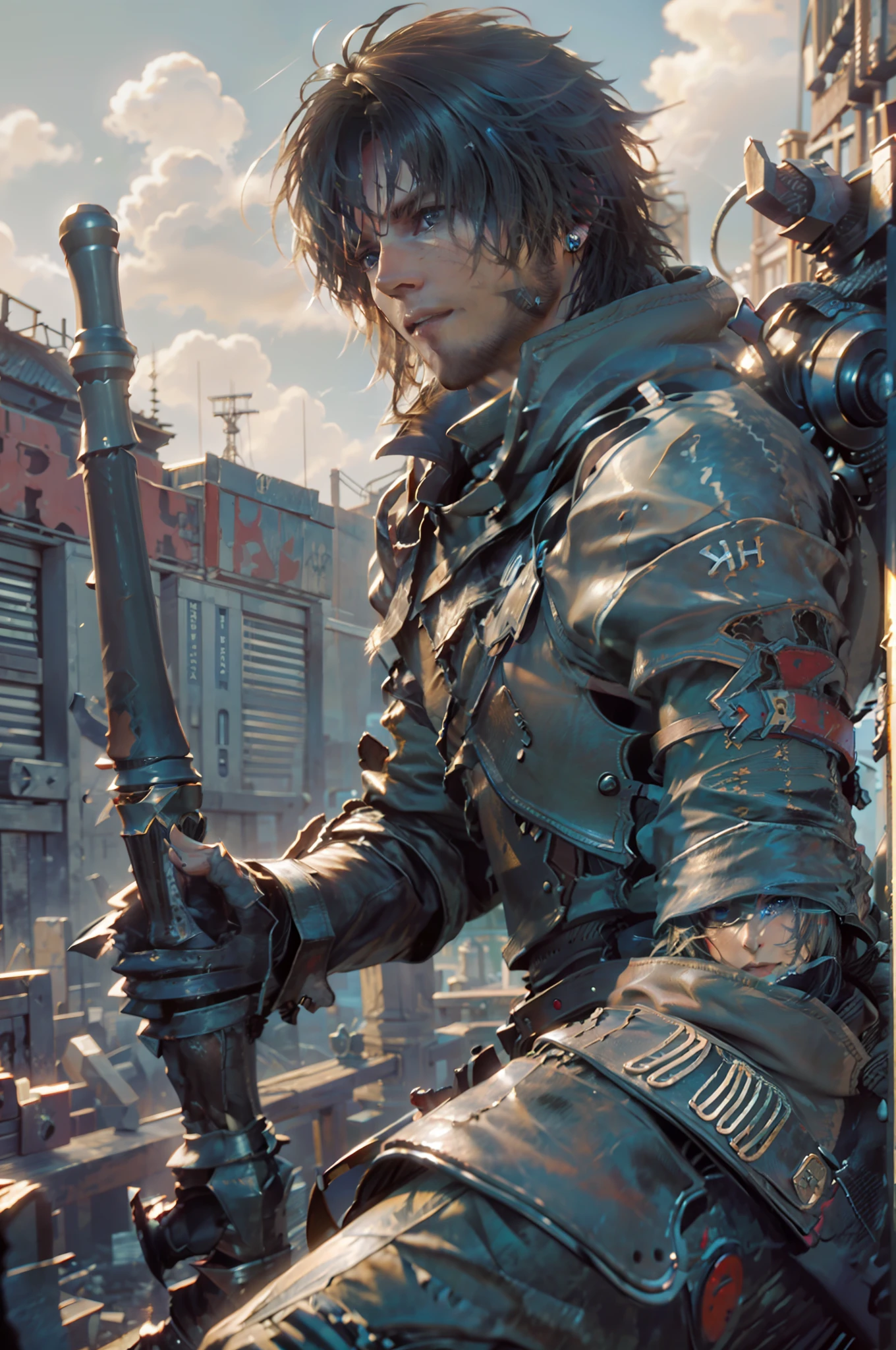 (absurdos, Altas Resoluciones, Ultra detallado, HDR), Obra maestra, La mejor calidad, final fantasy xvi, clive rosfield, 1hombre solamente, guapo, pelo corto, cabello negro, Ojos azules vibrantes, ojos finos y cara detalladas, Armadura, ((Arma intrincada)), pose de combate, sobre colina, llamas de fuego detras, sonrisa afectada, molesto.