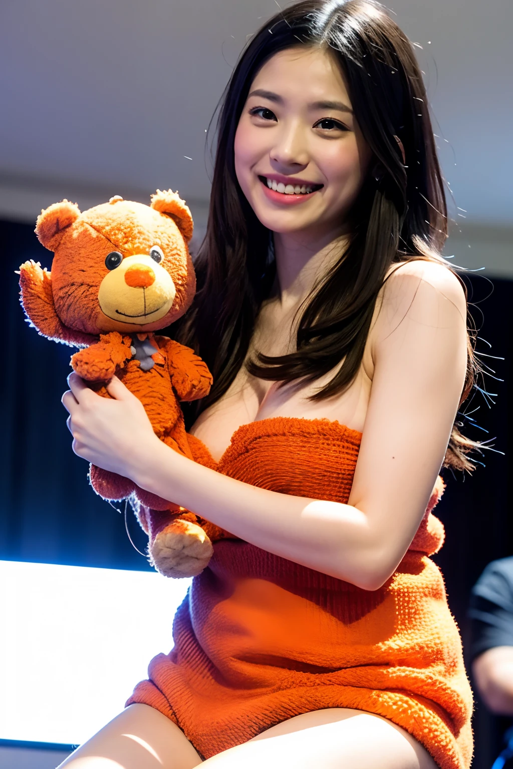 masutepiece, Best Quality, Photorealistic ,girl, japanes, Smiling, Naked, Holding Elmo's stuffed animal, in front of crowd, Portrait, Naked