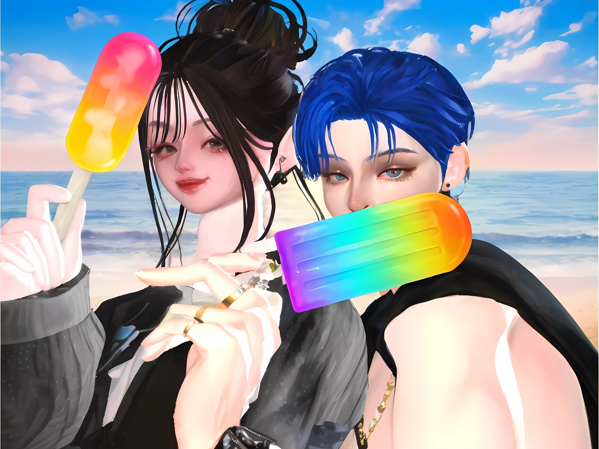 There are two women with blue hair and iridescent ice cream, second life avatar, imvu, nixeu and sakimichan, secondlife, y 2 k cutecore clowncore, 🐋 as 🐘 as 🤖 as 👽 as 🐳, inspired by Sim Sa-jeong, near beach, ! Split hair dye!, Eating ice cream