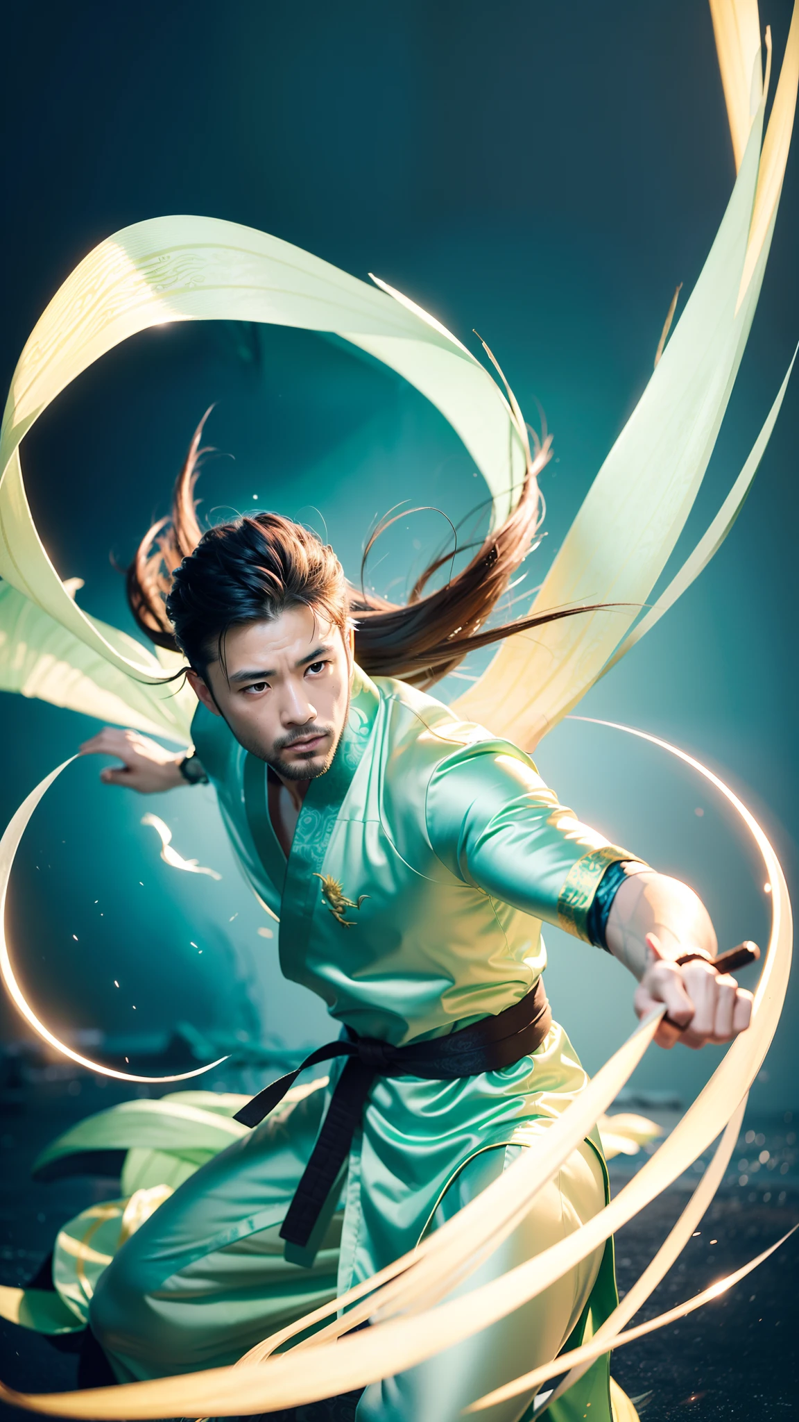 Best results,Masterpiece quality,Realistic and nuanced male Chinese elder,long whitr hair,Light beard,Clear green eyes,Real eyes and faces,Look at the audience,Must have a chaotic broken tornado background,Stand on top of a tornado,With authentic and detailed background details,Flowing strands of hair flutter in the wind,A powerful fighting stance of a martial artist,Dressed in a dragon-themed costume,Floating spinning particles,Dynamic composition,Transparent gauze robe,A very light green Hanfu painted with a delicate dragon pattern,There must be a lot of flowing wind all around,Taoist,A fairy-like existence,lifelike texture,Stunning and flawless。